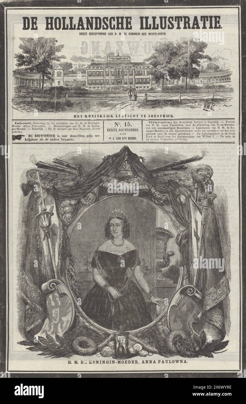 Numero lutto di De Hollandsche Illustration al funerale di Anna Paulowna, 1865, De Hollandsche Illustration. N. 15. Primo numero di lutto di S.J. van den Bergh (titolo sull'oggetto), numero di lutto di De Hollandsche Illustration dopo il funerale della defunta regina Anna Paulowna a Delft il 17 marzo 1865. Pagina piegata stampata su tutti i lati. Sulla parte anteriore si può ammirare il "Castello reale del piacere a Soestdijk" e un ritratto di "H.M. la Regina madre, Anna Paulowna". Dentro una canzone funebre e una descrizione del funerale. Sul retro la cerimonia funebre nel Nieuwe Kerk e una vista del Foto Stock