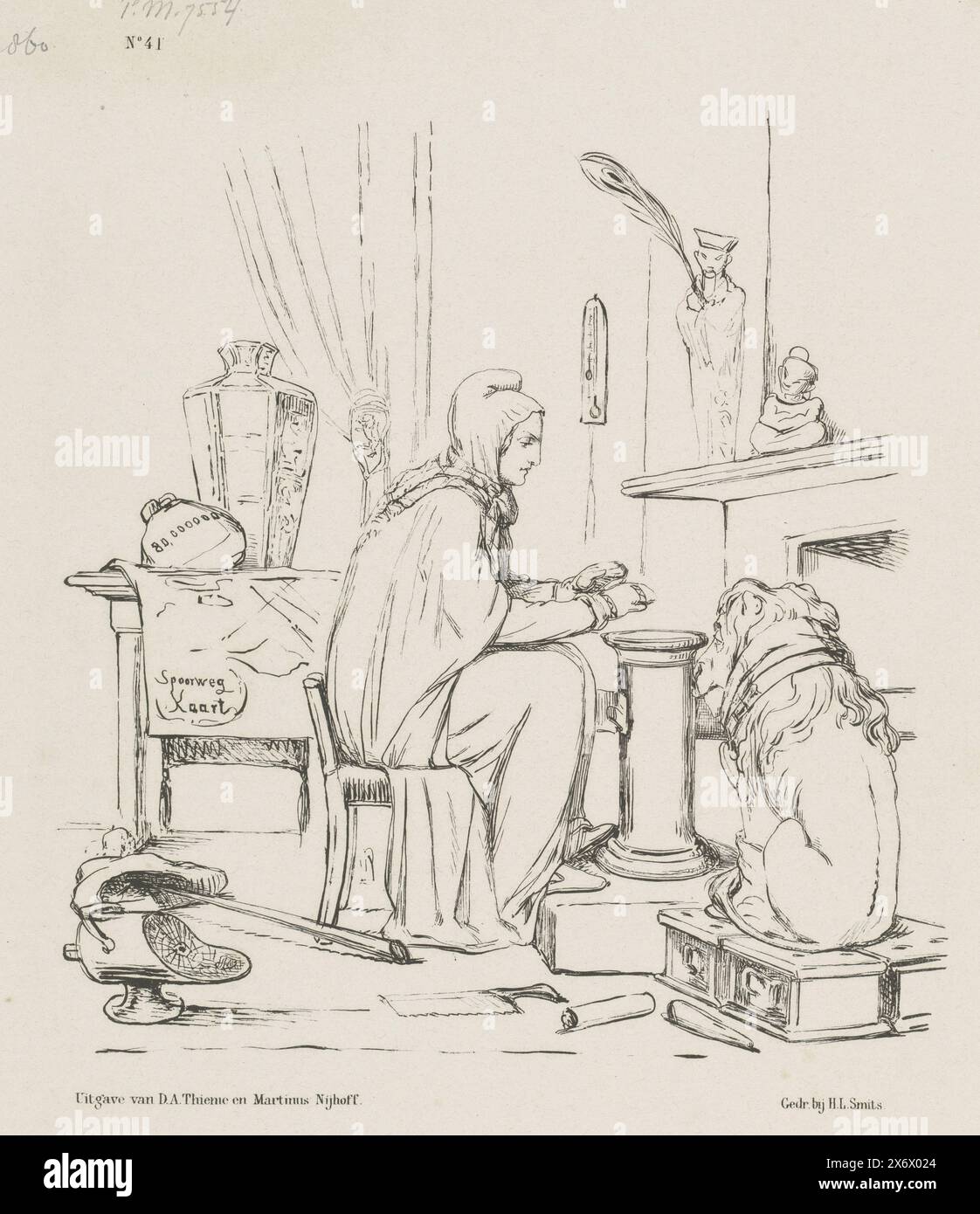 Cartoon on on the tax on coal, 1860, Cartoon on on the tax on coal. La Vergine olandese e Leo seduti intensamente intorno alla stufa. Targa pubblicata sul settimanale De Nederlandsche Spectator, n.. 41, 13 ottobre 1860., stampa, stampatore: Johan Michaël Schmidt Crans, stampatore: H.L. Smits, (menzionato sull'oggetto), editore: Dirk Anthonie Thieme, (menzionato sull'oggetto), stampatore: Paesi Bassi, stampatore: Paesi Bassi, editore: Arnhem, editore: The Hague, 1860, carta, altezza c. 275 mm x larghezza c. 215 mm Foto Stock