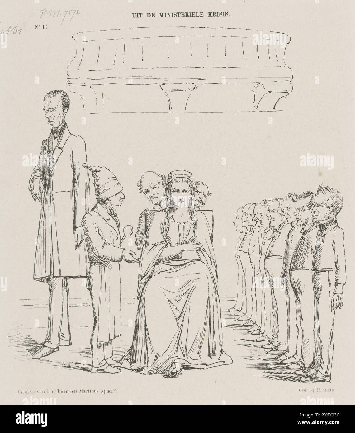 Cartone animato con la Vergine olandese e vari ministri, 1861, dalla crisi ministeriale (titolo sull'oggetto), cartone animato con la Vergine olandese e vari ministri. La Vergine olandese non riesce a trovare un candidato adatto tra i ministri con cui ballare il cottilon. Thorbecke guarda a sinistra. Targa pubblicata sul settimanale De Nederlandsche Spectator, n.. 11, 16 marzo 1861., stampa, stampatore: Johan Michaël Schmidt Crans, stampatore: H.L. Smits, (menzionato sull'oggetto), editore: Dirk Anthonie Thieme, (menzionato sull'oggetto), stampatore: Paesi Bassi, stampatore: Paesi Bassi, editore: Arnhem Foto Stock