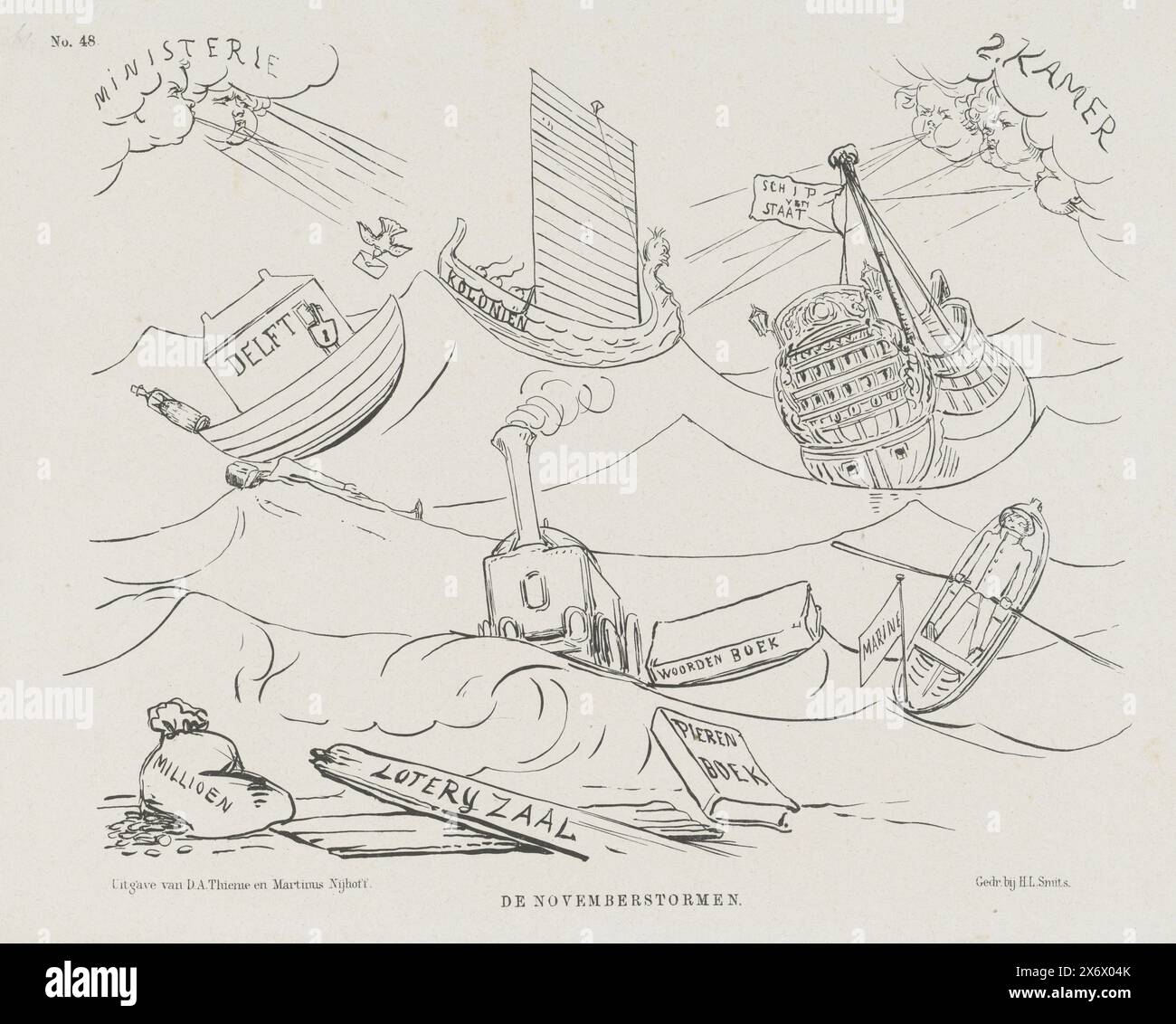 Cartoon on Politics, 1861, The November Storms (title on object), Cartoon on on the various problems between the ministries and the House of Representative. Tempesta in mare con diverse navi in difficoltà sulle onde: La nave di Stato, Delft, Colonies, Navy, Dictionary e una locomotiva a vapore. Targa pubblicata sul settimanale De Nederlandsche Spectator, n.. 48, 30 novembre, 1861., stampa, stampatore: Johan Michaël Schmidt Crans, stampatore: H.L. Smits, (menzionato sull'oggetto), editore: Dirk Anthonie Thieme, (menzionato sull'oggetto), stampatore: Paesi Bassi, stampatore: Paesi Bassi, editore: Arnhem Foto Stock