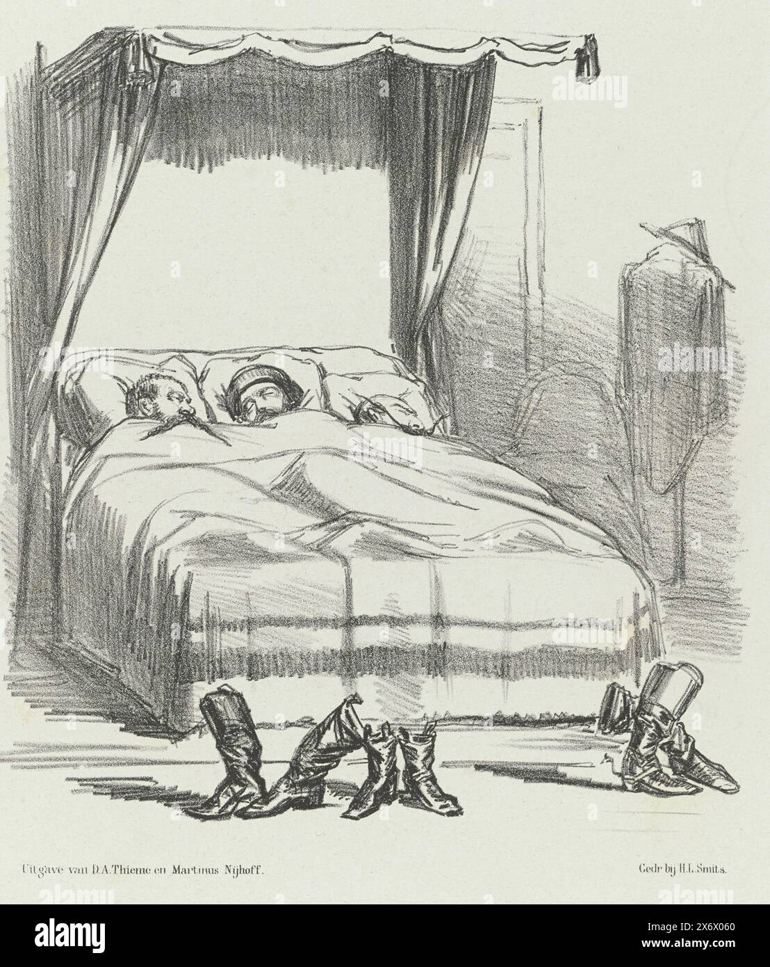 Fumetto sull'unità d'Italia, 1862, tre sotto una coperta (titolo su oggetto), Cartoon sull'unità d'Italia. Tre uomini (Vittorio Emanuele II, Garibaldi e Napoleone III) dormono pacificamente in un letto, i loro stivali sono davanti al letto. Vedere anche il sequel nella piastra n. 35. Targa pubblicata sul settimanale De Nederlandsche Spectator, n.. 34, 23 agosto 1862., stampa, stampatore: Johan Michaël Schmidt Crans, stampatore: H.L. Smits, (menzionato sull'oggetto), editore: Dirk Anthonie Thieme, (menzionato sull'oggetto), stampatore: Paesi Bassi, stampatore: Paesi Bassi, editore: Arnhem Foto Stock