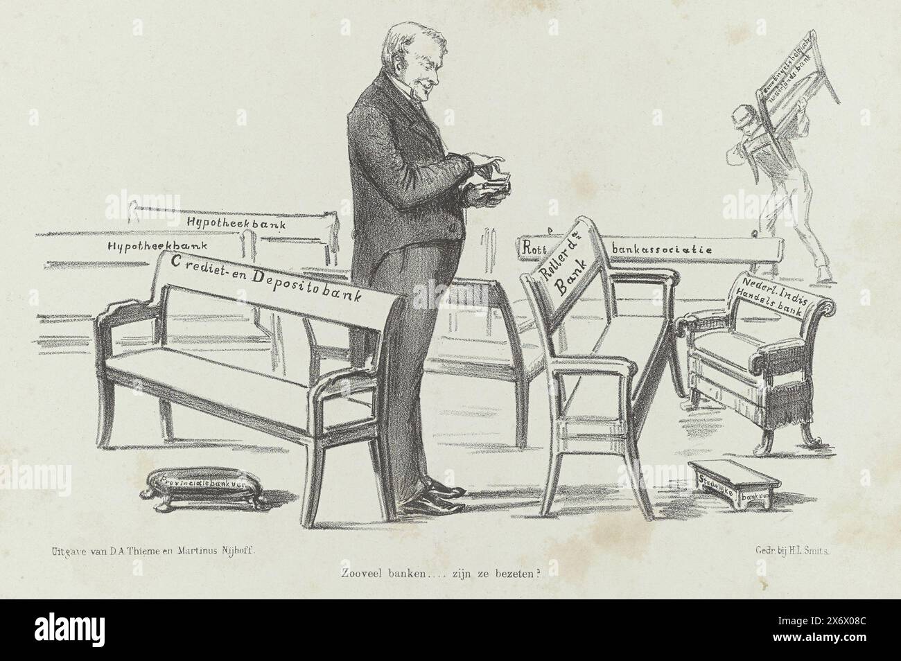 Cartoon sulla fondazione di molte banche commerciali, 1863, Cartoon sulla fondazione di molte nuove banche commerciali. Uomo in piedi tra le panchine vuote. Targa pubblicata sul settimanale De Nederlandsche Spectator, n.. 38, 19 settembre 1863., stampa, stampatore: Johan Michaël Schmidt Crans, stampatore: H.L. Smits, (menzionato sull'oggetto), editore: Dirk Anthonie Thieme, (menzionato sull'oggetto), stampatore: Paesi Bassi, stampatore: Paesi Bassi, editore: Arnhem, editore: The Hague, 1863, carta, altezza c. 215 mm x larghezza c. 275 mm Foto Stock