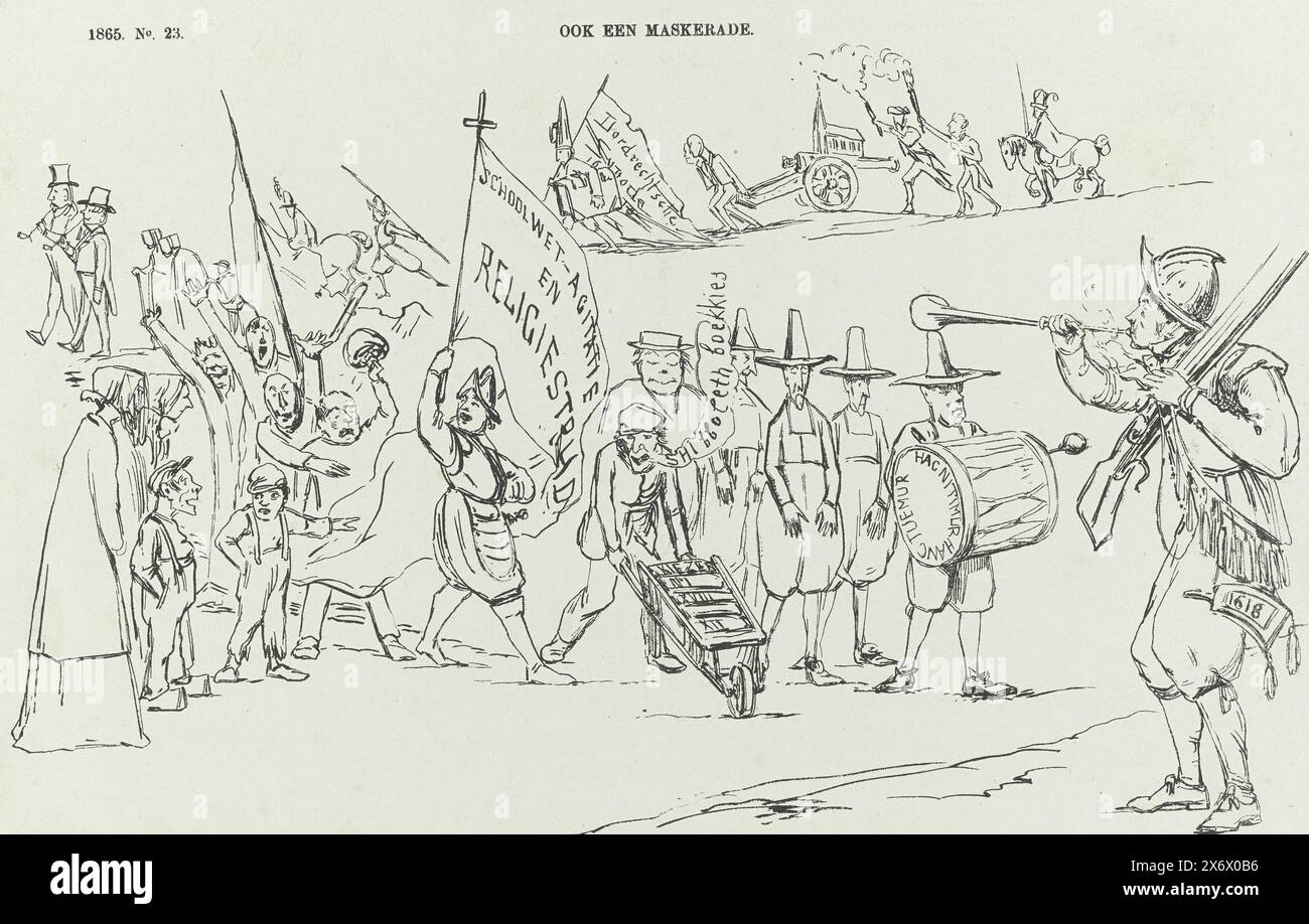 Cartone animato sul programma degli anti-rivoluzionari contro la legge scolastica, 1865, anch'esso una mascherata., il generale del partito anti-rivoluzionario che schiera il suo esercito (titolo sull'oggetto), Cartoon sul programma degli anti-rivoluzionari contro la legge scolastica. Groen van Prinsterer come trombettista che raduna le sue truppe. Targa pubblicata sul settimanale De Nederlandsche Spectator, n.. 23, 10 giugno 1865., stampa, stampatore: Johan Michaël Schmidt Crans, stampatore: H.L. Smits, (menzionato sull'oggetto), editore: Dirk Anthonie Thieme, (menzionato sull'oggetto), stampatore: Paesi Bassi, stampatore Foto Stock