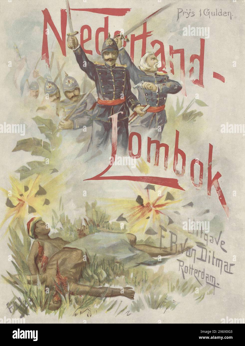 Netherlands-Lombok (titolo sull'oggetto), avanzando le truppe olandesi, i corpi degli indiani caduti sul terreno. Davanti alla copertina di una rivista pubblicata in memoria della spedizione di Lombok dell'agosto 1894 e dei soldati che vi morirono. Copertina di una rivista composta da dodici foglie con testi e illustrazioni, con una prefazione del vice ammiraglio Jhr. The Casembroot., stampa, stampatore: Frederik Willhelm Schöttelndreier, (menzionato sull'oggetto), stampatore: Elsevier, (menzionato sull'oggetto), editore: F.B. van Ditmar, (menzionato sull'oggetto), stampatore: Paesi Bassi, stampatore: Paesi Bassi, editore Foto Stock