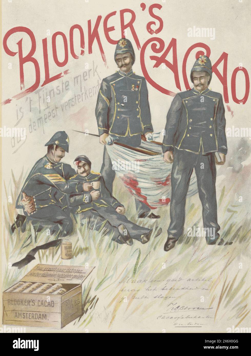 Netherlands-Lombok (titolo sull'oggetto), pubblicità per Blooker's cacao. Un soldato olandese ferito riceve una tazza di latte al cioccolato. Retro della copertina di una rivista pubblicata in memoria della spedizione di Lombok dell'agosto 1894 e dei soldati che vi morirono. Copertina di una rivista composta da dodici foglie con testi e illustrazioni, con una prefazione del vice ammiraglio Jhr. The Casembroot., stampa, stampatore: Frederik Willhelm Schöttelndreier, (menzionato sull'oggetto), stampatore: Elsevier, (menzionato sull'oggetto), editore: F.B. van Ditmar, (menzionato sull'oggetto), stampatore: Paesi Bassi, stampante Foto Stock