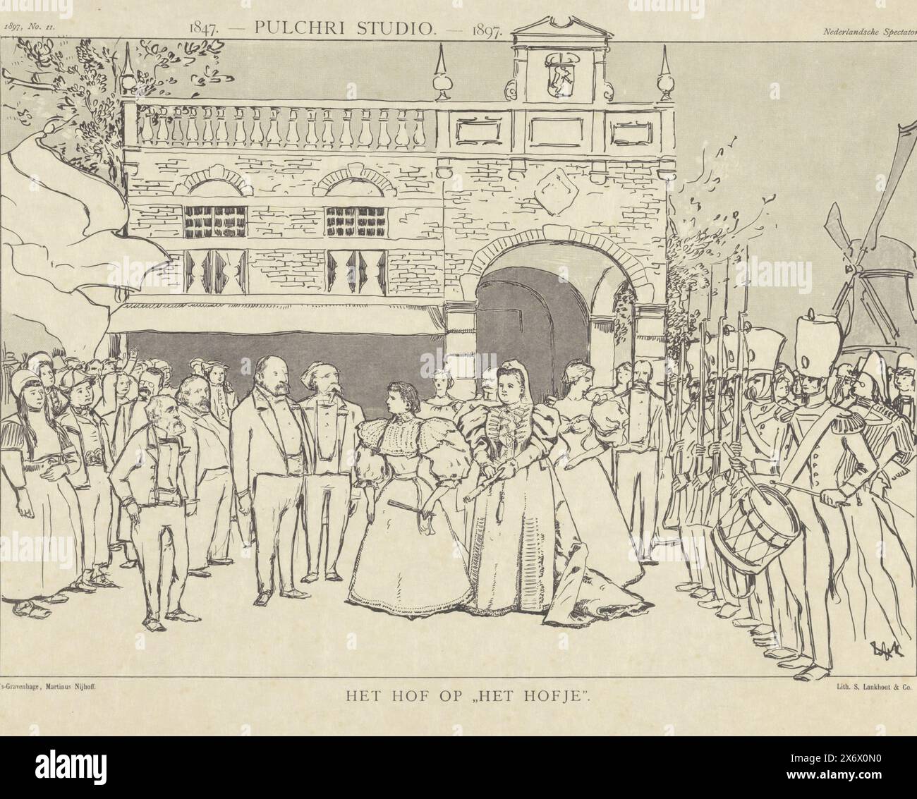 La regina Wilhemina visita il Pulchri Studio, 1897, 1847. - Pulchri Studio. - 1897., Het Hof su 'Het Hofje' (titolo oggetto), la regina Wilhemina e la regina madre Emma visitano lo studio Pulchri a l'Aia in occasione del 50° anniversario di Pulchri 1847-1897. Cartone animato dal Nederlandsche Spectator del 13 marzo 1897, n.. 11., stampa, tipografo: Sconosciuto, (menzionato sull'oggetto), tipografo: Samuel Lankhout & Co, (menzionato sull'oggetto), editore: Martinus Nijhoff, (menzionato sull'oggetto), tipografo: Paesi Bassi, tipografia: l'Aia, editore: l'Aia, 1897, carta, altezza, 440 mm x larghezza, 558 mm Foto Stock