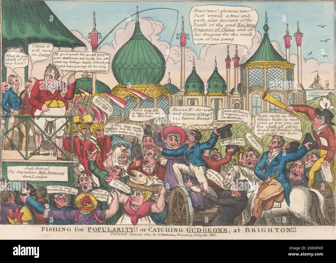 Re Giorgio IV a Brighton, 1821 anni, pesca per la popolarità!! O prendere Gudgeons, a Brighton!!! (Titolo sull'oggetto), Cartoon with the English King George IV Fishing with a fishing with a fishing rod davanti al Royal Pavilion di Brighton nel 1821 per guadagnare popolarità tra la gente., stampa, tipografo: Anonimo, editore: John Fairburn, (menzionato sull'oggetto), Print Maker: Inghilterra, editore: Londra, gennaio 1821, carta, incisione, altezza, 250 mm x larghezza, 355 mm Foto Stock