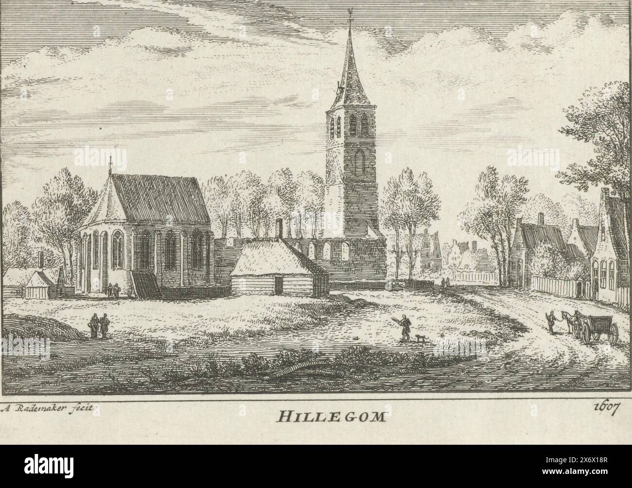 Veduta del Maartenskerk in Hillegom, 1607, Hillegom 1607 (titolo sull'oggetto), veduta del Maartenskerk parzialmente in rovina in Hillegom, come si guardava intorno al 1607., stampa, tipografo: Abraham Rademaker, (menzionato sull'oggetto), editore: Willem Barents, editore: Antoni Schoonenburg, Amsterdam, 1727 - 1733, carta, incisione, altezza, 80 mm x larghezza, 115 mm Foto Stock