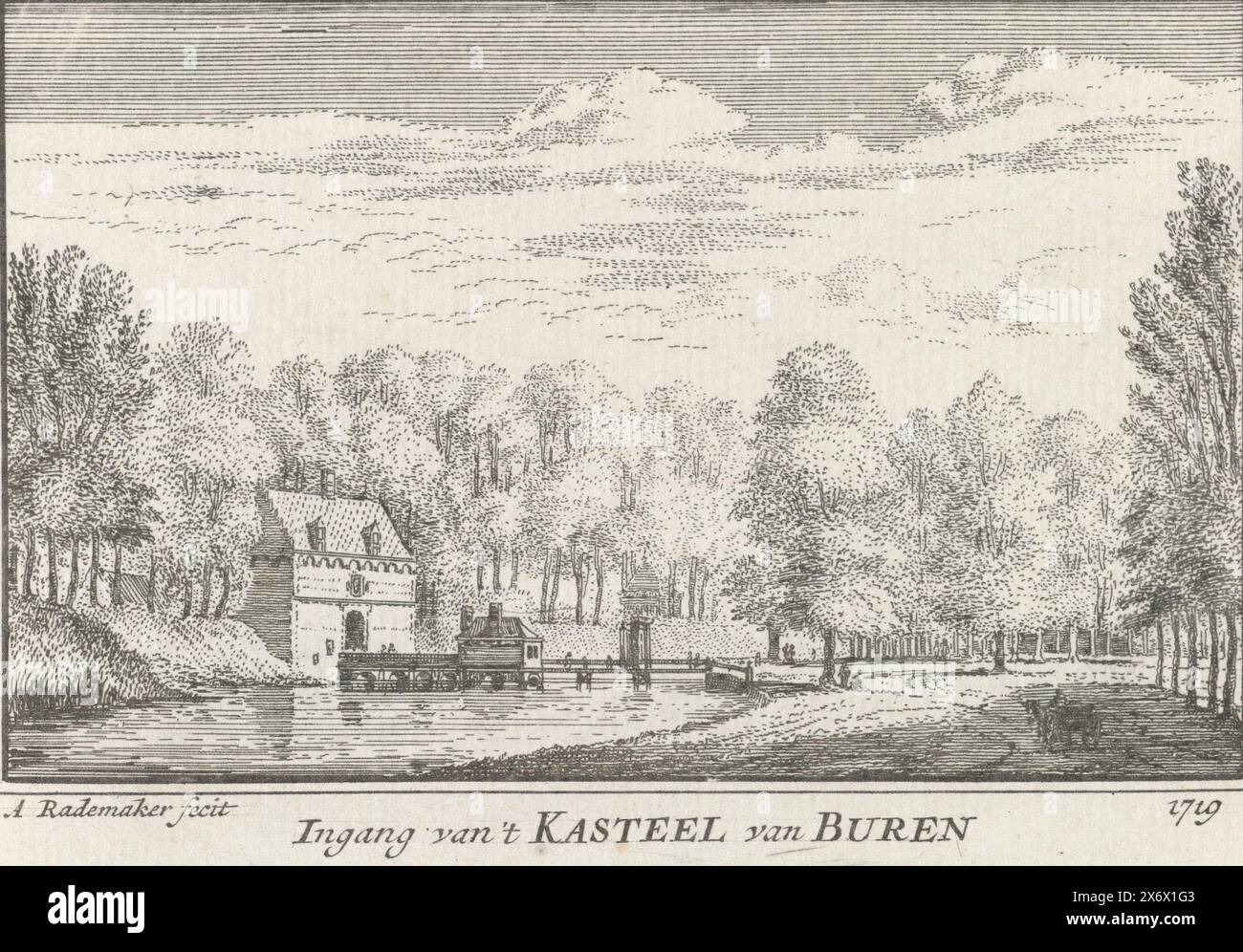 Vista del cancello anteriore del castello di Buren, ingresso del castello di Buren 1719 (titolo sull'oggetto), vista del cancello anteriore del castello di Buren nella situazione intorno al 1719. Ci sono molte figure sul ponte che porta all'ingresso., stampatore: Abraham Rademaker, (menzionato sull'oggetto), editore: Willem Barents, editore: Antoni Schoonenburg, Amsterdam, 1727 - 1733, carta, incisione, altezza, 80 mm x larghezza, 115 mm Foto Stock