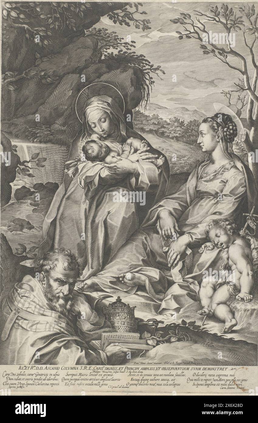Santa Caterina da Siena con il bambino, Maria, un Giovanni addormentato Battista e un Papa Clemente i, tipografo: Philippe Thomassin, (menzionato sull'oggetto), su disegno di: Francesco Vanni, (menzionato sull'oggetto), editore: Jean Turpin, (menzionato sull'oggetto), tipografo: Roma, su disegno di: Roma, editore: Roma, Vaticaanstad, Italia, 1597, carta, incisione, altezza, 474 mm x larghezza, 315 mm Foto Stock