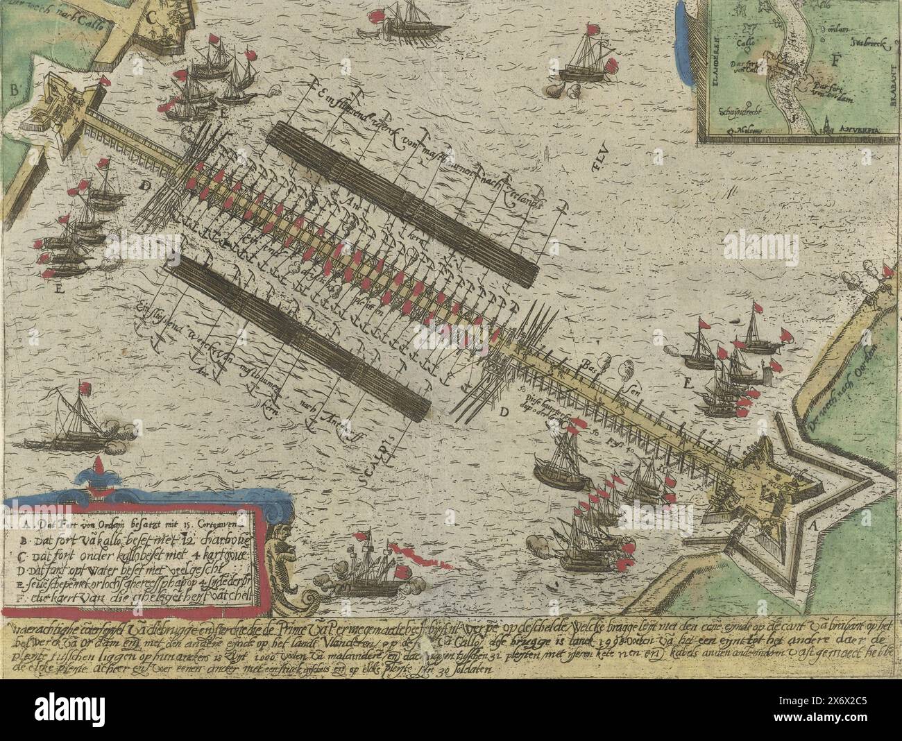 Il ponte navale di Parma sulla Schelda, 1585, Waerachtig co[n]terfeytsel del[n] ponte e la forza che il principe di[n] Perme costruì vicino ad Anversa[n] sulla Schelda (titolo sull'oggetto), ponte navale costruito dall'esercito del duca di Parma, che chiuse la Schelda ad Anversa. Completato il 24 febbraio 1584. In alto a destra un riquadro con una mappa della regione. In basso a sinistra nel cartiglio la legenda A-F e la didascalia di 4 righe in olandese, nelle iscrizioni di rappresentazione in tedesco., stampa, stampatore: Anonimo, dopo la stampa di: Frans Hogenberg, Paesi Bassi, 1585 - 1599, carta, incisione, altezza Foto Stock