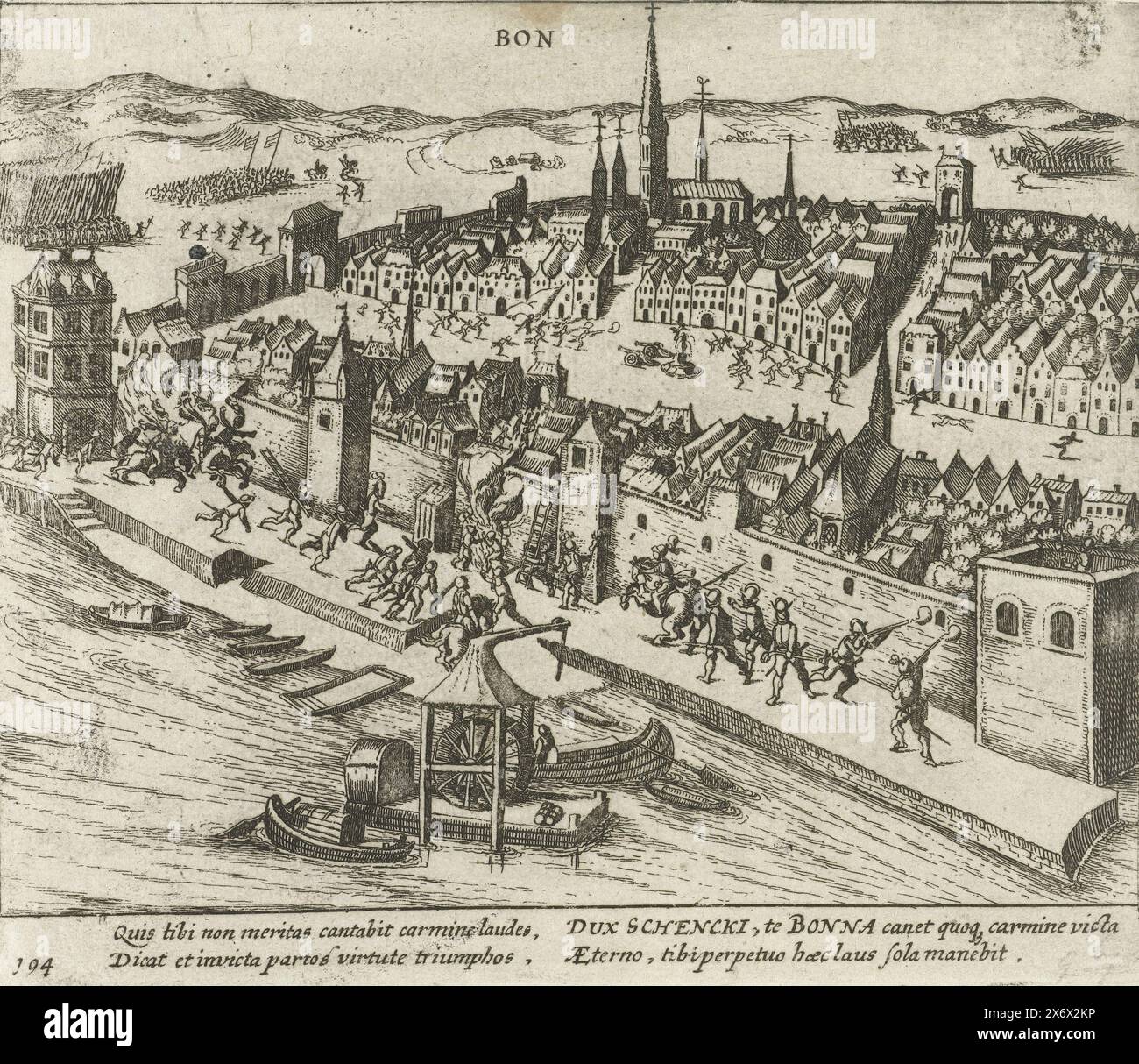 Bonn ha vinto da Schenck per Truchsess nel 1587, Bonn ha vinto da Schenck per Truchsess, 23 dicembre 1587. Episodio della guerra di Colonia. Con didascalia di 4 righe in latino. Numerato 194. Non stampato sul retro., stampa, stampatore: Anonimo, dopo stampa di: Frans Hogenberg, Paesi Bassi del Nord, 1613 - 1615, carta, incisione, altezza, 133 mm x larghezza, 160 mm Foto Stock