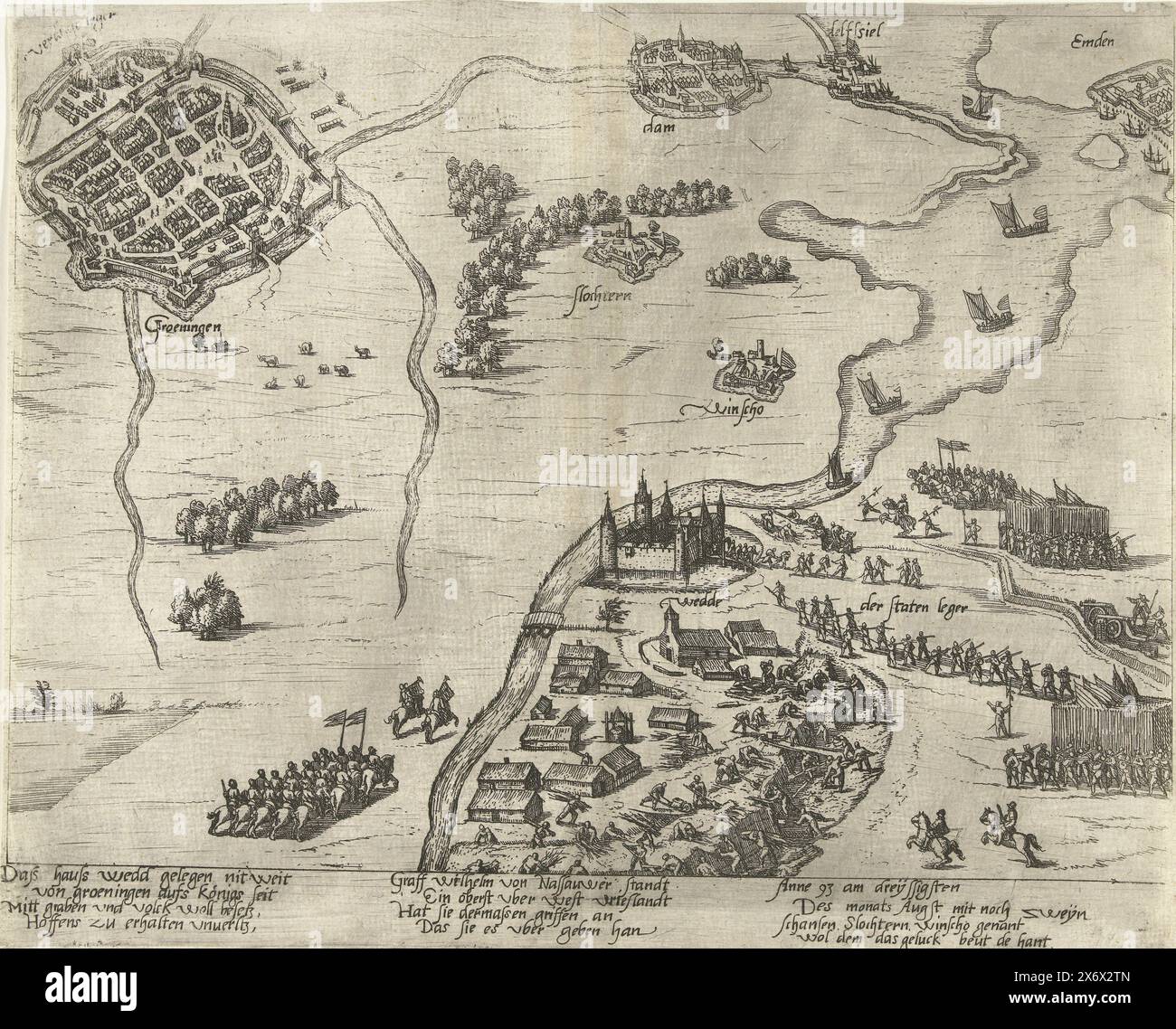 Conquista delle fortificazioni nell'area di Groninga, 1593, conquista delle fortificazioni nell'area di Groninga da parte dell'esercito olandese al comando del conte Willem Lodewijk van Nassau, 30 agosto 1593. Vista dell'area intorno a Groninga con le fortezze di Slochteren e Winschoten. La difesa della Casa di Wedde viene rafforzata. L'esercito di Verdugo si trova sopra Groninga. Con 12 righe di didascalia in tedesco. Non numerato., stampa, stampatore: Frans Hogenberg, (officina), Colonia, 1593 - 1595, carta, incisione, altezza, 222 mm x larghezza, 275 mm Foto Stock