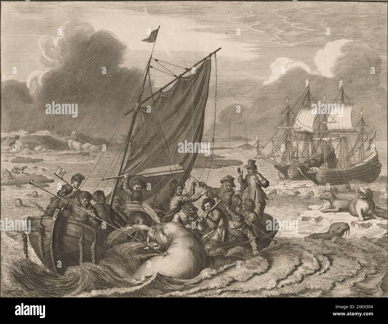 Il viaggio a Nova Zembla nel 1596, il viaggio a Nova Zembla nel 1596. L'equipaggio della nave in una sloop che combatte un tricheco, sullo sfondo le due navi., stampa, tipografia: Jan Luyken, su progetto di: Jan Luyken, Paesi Bassi del Nord, 1679 - 1681 e/o 1730, carta, incisione, altezza, 273 mm x larghezza, 343 mm Foto Stock