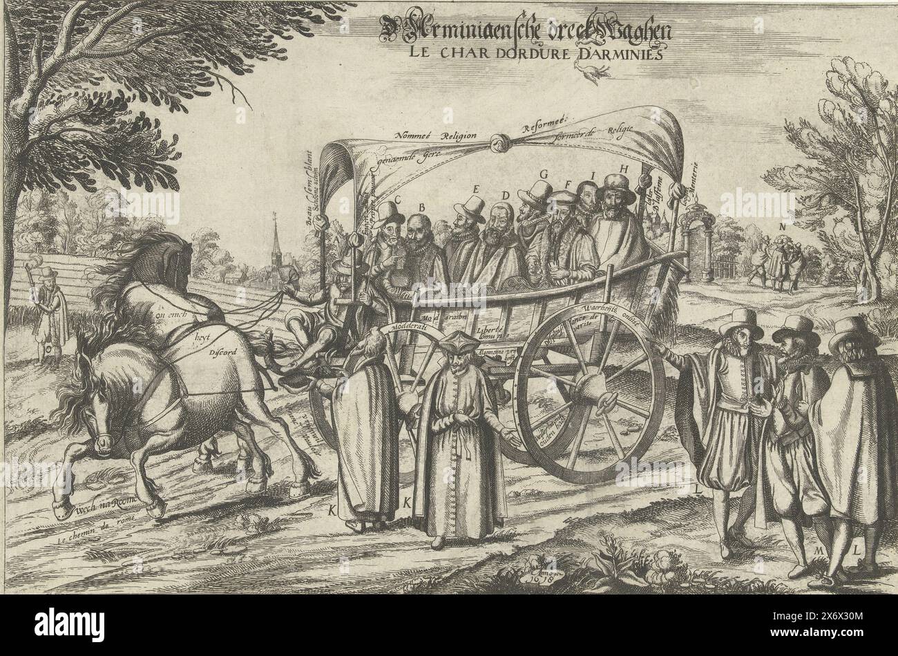 D'Arminiaensche dreckwaghen (titolo sull'oggetto), le Char Dordure D'Arminies (titolo sull'oggetto), D'Arminiaensche dreckwaghen. Cartone animato sugli Arminiani del 1618. La scena mostra come i più importanti rappresentanti dei dimostranti e di alcuni altri riformatori vengono portati via in un carro. Il carro è trainato da due cavalli selvaggi chiamati "onenichheyt" che vogliono andare in direzioni diverse. In carrozza ci sono Johannes Wtenbogaert (sulla scatola), Jacobus Arminio, Petrus Bertius, Conradus Vorstius, Jacobus Taurinus, David Joris, Adolphus Venator, Dirck Volkertsz Coornhert e The 'Apostasy Weder- Foto Stock