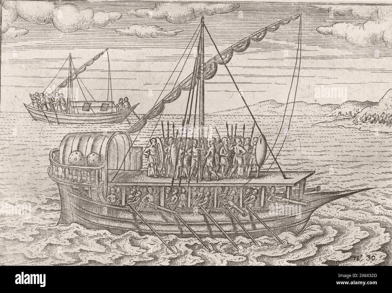 Nave giavanese a Bantam, 1596, nave giavanese a Bantam, (Banten), 1596. Sul ponte superiore c'è un gruppo di guerrieri armati. Stampe delle lastre ritrattate per le illustrazioni originali nel diario di viaggio del primo Schipvaert di Cornelis de Houtman nelle Indie Orientali nel 1595-1597. N. 30., tipografo: Anonimo, Paesi Bassi del Nord, 1597 - 1598 e/o 1646, carta, incisione, incisione, altezza c. 145 mm x larghezza c. 220 mm Foto Stock