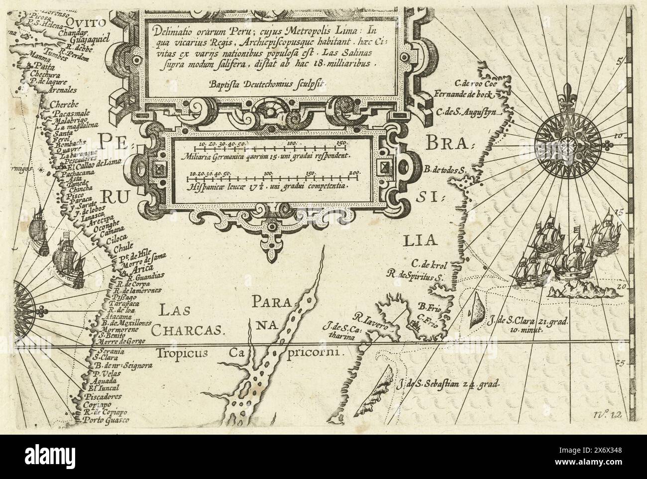 Mappa con le coste del Perù e del Brasile, 1600, Deliniatio orarum Peru (titolo sull'oggetto), Mappa con le coste del Perù e del Brasile, 1600. Al centro due cartigli con titolo e scale. Parte delle illustrazioni nel resoconto del viaggio intorno al mondo di Olivier van Noort nel 1598-1601. 12., tipografo: Baptista van Doetechum, (menzionato sull'oggetto), Paesi Bassi settentrionali, 1601 - 1602 e/o 1646, carta, incisione, incisione, altezza c. 145 mm x larghezza c. 225 mm Foto Stock