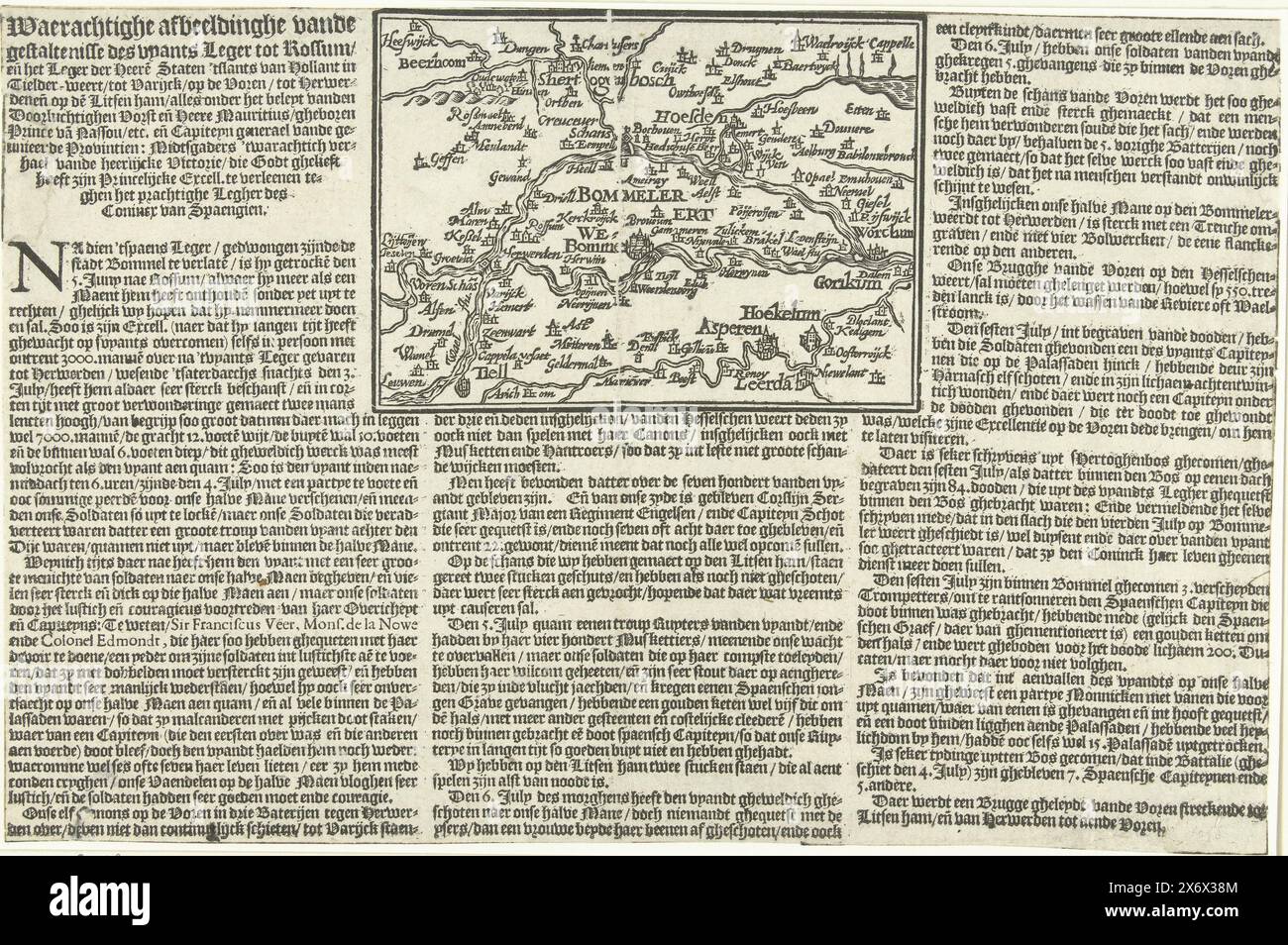 Combattimenti nel Bommelerwaard, 1599, bella rappresentazione della figura dell'esercito nemico fino a Rossum, e l'Armata delle Heere[n] Stati di Hollant a Tielder-weert (...) sotto l'autorità del Serenissima Principe e del Lord Mauritius, gheboren Prince van Nassou, ecc. e Capiteyn ganerael vande unied Provintien (...) (titolo sull'oggetto), Mappa del Bommelerwaard. La mappa contiene una descrizione stampata degli eventi avvenuti dal 3 al 6 luglio 1599, quando l'esercito spagnolo avanzò da Zaltbommel a Rossum. Testo in tre colonne in olandese. Copia dopo il biglietto di Wright., stampa, stampatore: Anonimo Foto Stock