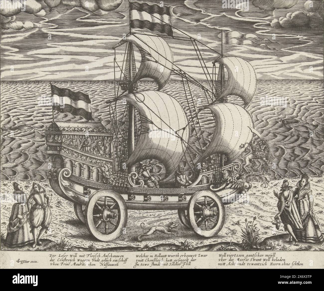 Il carro a vela di Simon Stevin, 1602 anni, il carro a vela di Simon Stevin, 1602. Principe Maurizio nel carro a vela costruito da Simon Stevin sulla spiaggia di Scheveningen, aprile-maggio 1602. Rappresentazione irrealistica del carro a vela con un'immagine del marinaio olandese sul leone di prua; il principe Maurizio con alcuni ospiti nel castello posteriore. Due eleganti coppie sulla spiaggia. Con didascalia 3 volte 3 righe in tedesco., stampa, stampatore: Anonimo, editore: Claes Jansz. Visscher (II), (menzionato sull'oggetto), Germania, (possibilmente), 1603 - 1649, carta, incisione, altezza, 293 mm x larghezza, 353 mm Foto Stock