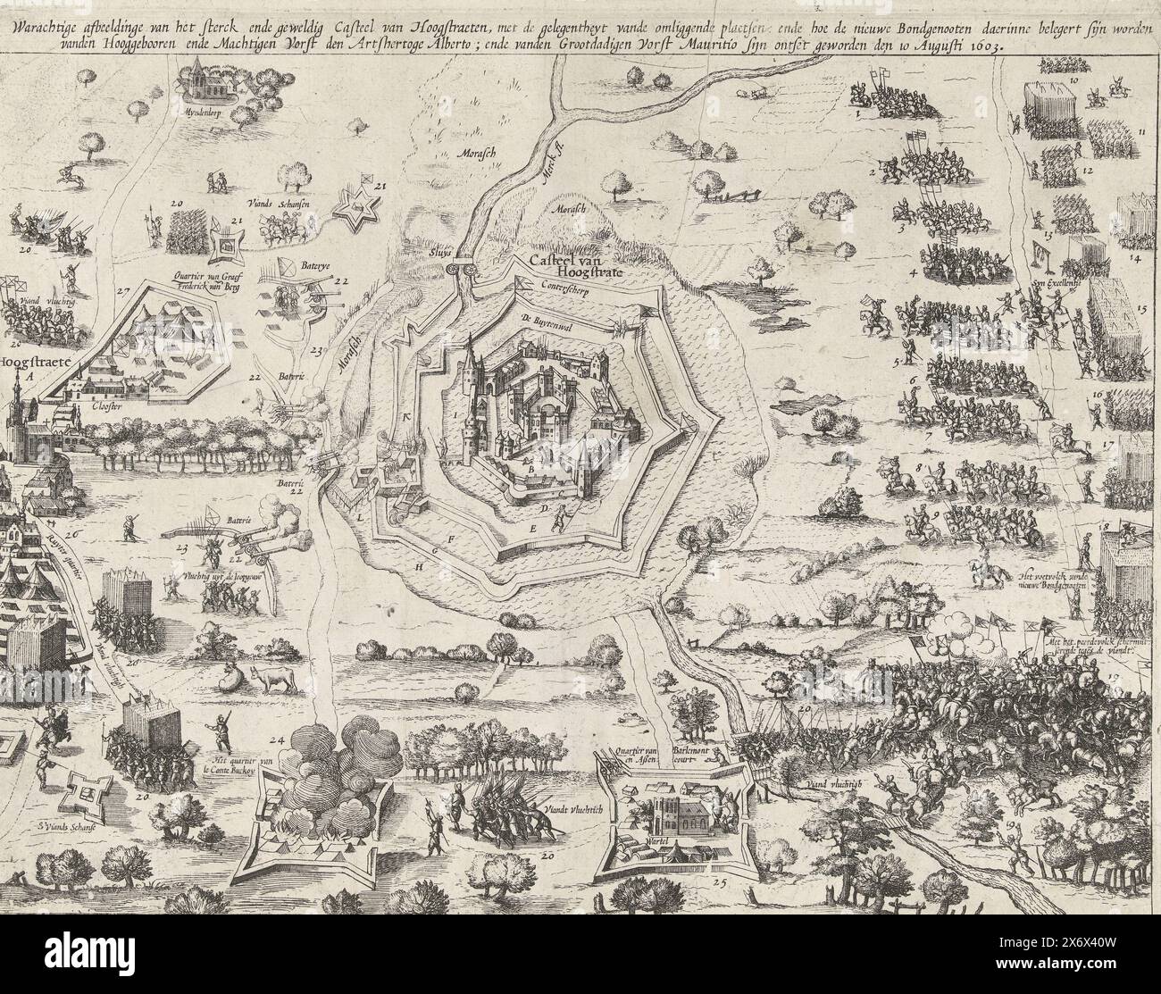 Maurizio allevia i mutinosi soldati spagnoli nel castello di Hoogstraten, 1603, vera rappresentazione del forte e magnifico Castello di Hoogstraeten (...) e di come i nuovi alleati furono assediati da esso (...) Arts Duke Alberto; e del Gran Principe Maurizio, che fu sollevato il 10 agosto 1603 (titolo in oggetto), il Principe Maurizio allevia i soldati spagnoli ammutinati che si erano trincerati nel castello di Hoogstraten e furono assediati dalle truppe dell'arciduca Alberto, 10 agosto 1603. Nel mezzo del castello, intorno ad esso nel paese circostante sulla destra l'esercito in avanzata di Foto Stock