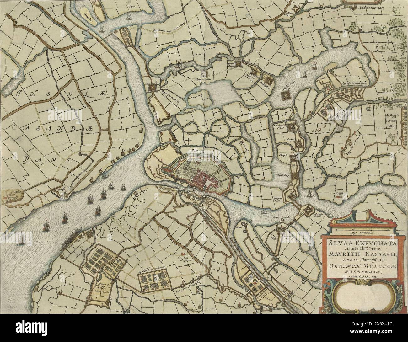 Assedio di Sluis da parte dell'esercito olandese al comando di Maurizio, 1604, Slusa expugnata virtute Ill.mi Princ. Mauritii Nassauii; Armis Potentiß. D.D. Ordinum Belgicae Foederatae anno MDCIIII (titolo oggetto), 't Belegh van Sluys, con le armi degli Stati Uniti, sotto l'autorità del principe Maurizio di Nassou, comandante generale delle sue armate, &c. Nell'anno MDCIV (titolo sull'oggetto), assedio di Sluis da parte dell'esercito olandese al comando di Maurizio, inizio maggio - 19 agosto 1604. Mappa di Sluis e dell'area circostante tra Cadzand e Aardenburg con i quartieri delle truppe assedianti. In basso a destra un cartiglio con il titolo Foto Stock