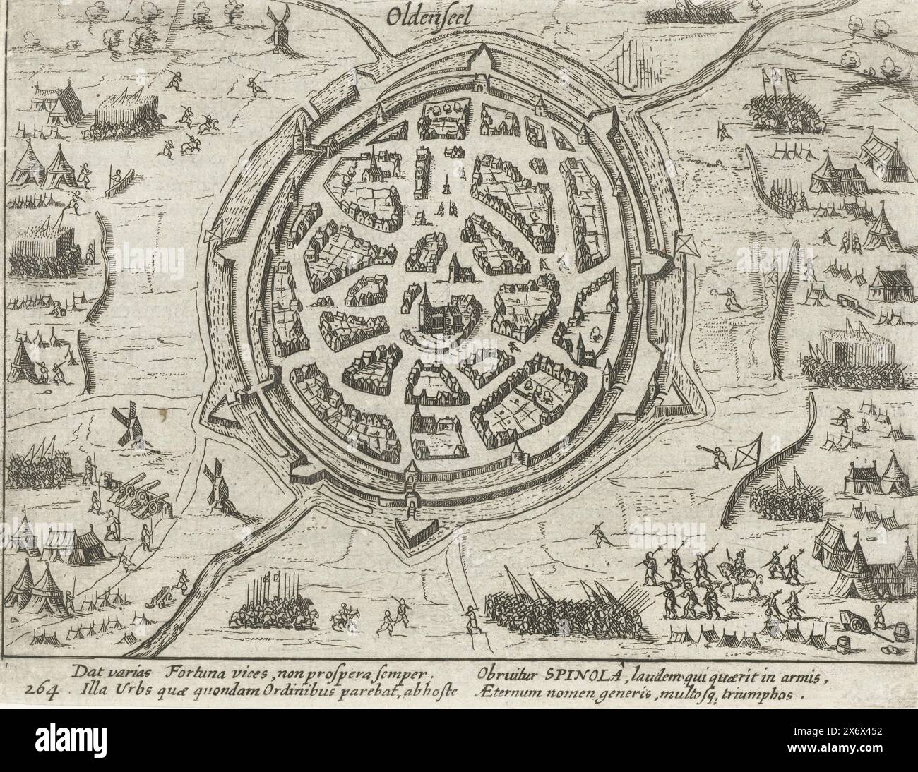 Oldenzaal conquistata da Spinola, 1605, conquista di Oldenzaal da Spinola, 10 agosto 1605. Piano della città con gli assedianti nel paese circostante. Con didascalia di 4 righe in latino. Numerato 264. Stampato sul retro con testo in latino., stampa, stampatore: Anonimo, dopo stampa di: Frans Hogenberg, (laboratorio di), Paesi Bassi del Nord, 1613 - 1615, carta, incisione, altezza, 136 mm x larghezza, 175 mm Foto Stock