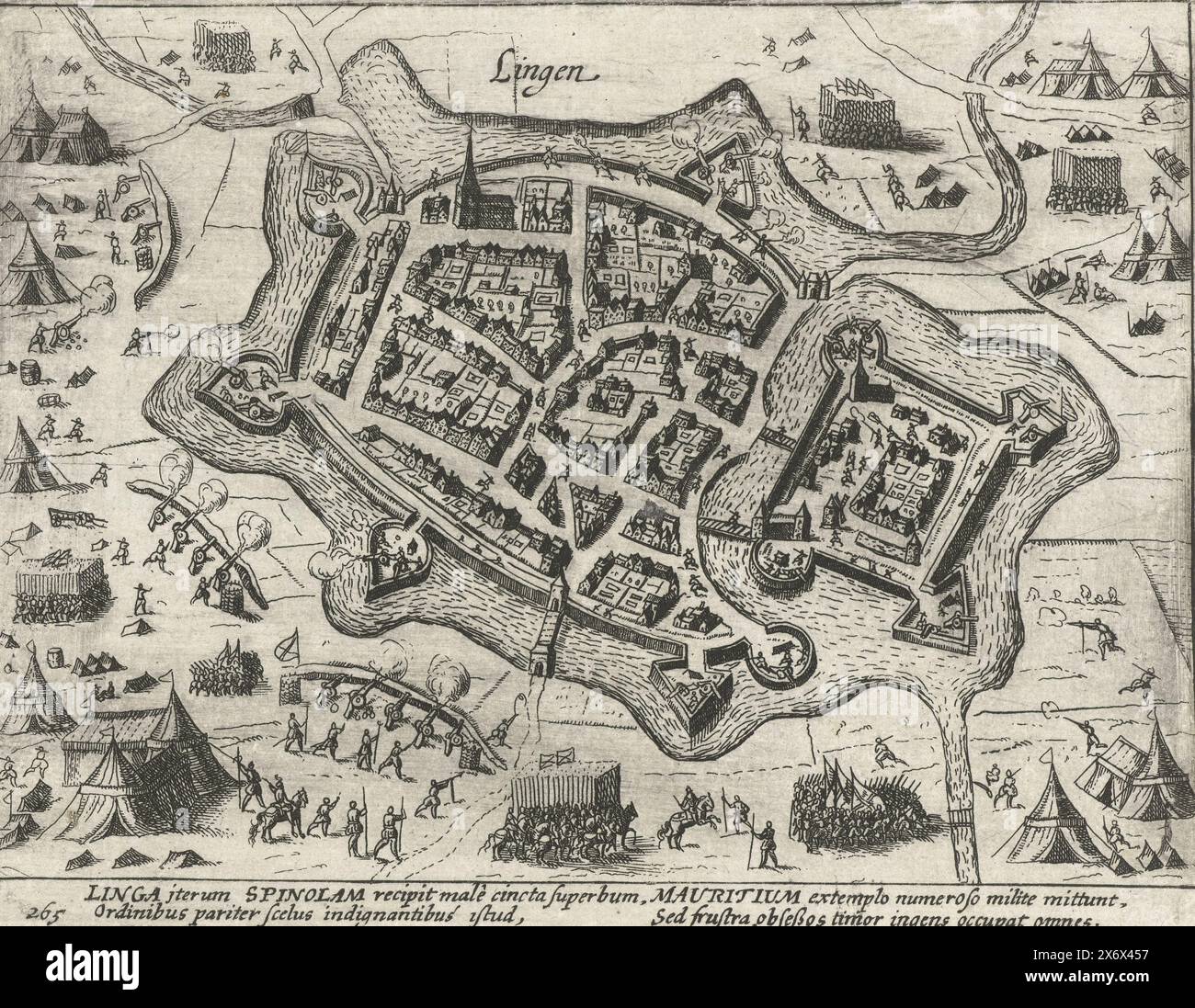 Lingen presa da Spinola, 1605, conquista di Lingen da parte di Spinola, 21 agosto 1605. Piano della città con gli assedianti nel paese circostante. Con didascalia di 4 righe in latino. Numerato 265. Stampato sul retro con testo in latino., stampa, stampatore: Anonimo, dopo stampa di: Frans Hogenberg, (laboratorio di), Paesi Bassi del Nord, 1613 - 1615, carta, incisione, altezza, 135 mm x larghezza, 175 mm Foto Stock