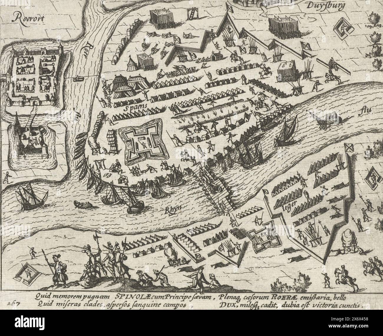 Il campo militare di Spinola prima di Ruhrort, 1605, il campo militare di Spinola tra Ruhrort e Duisburg, 1605. Con didascalia a 4 righe in latino. Numerato 267. Stampato sul retro con testo in latino., stampa, stampatore: Anonimo, dopo stampa di: Frans Hogenberg, (laboratorio di), Paesi Bassi del Nord, 1613 - 1615, carta, incisione, altezza, 134 mm x larghezza, 165 mm Foto Stock