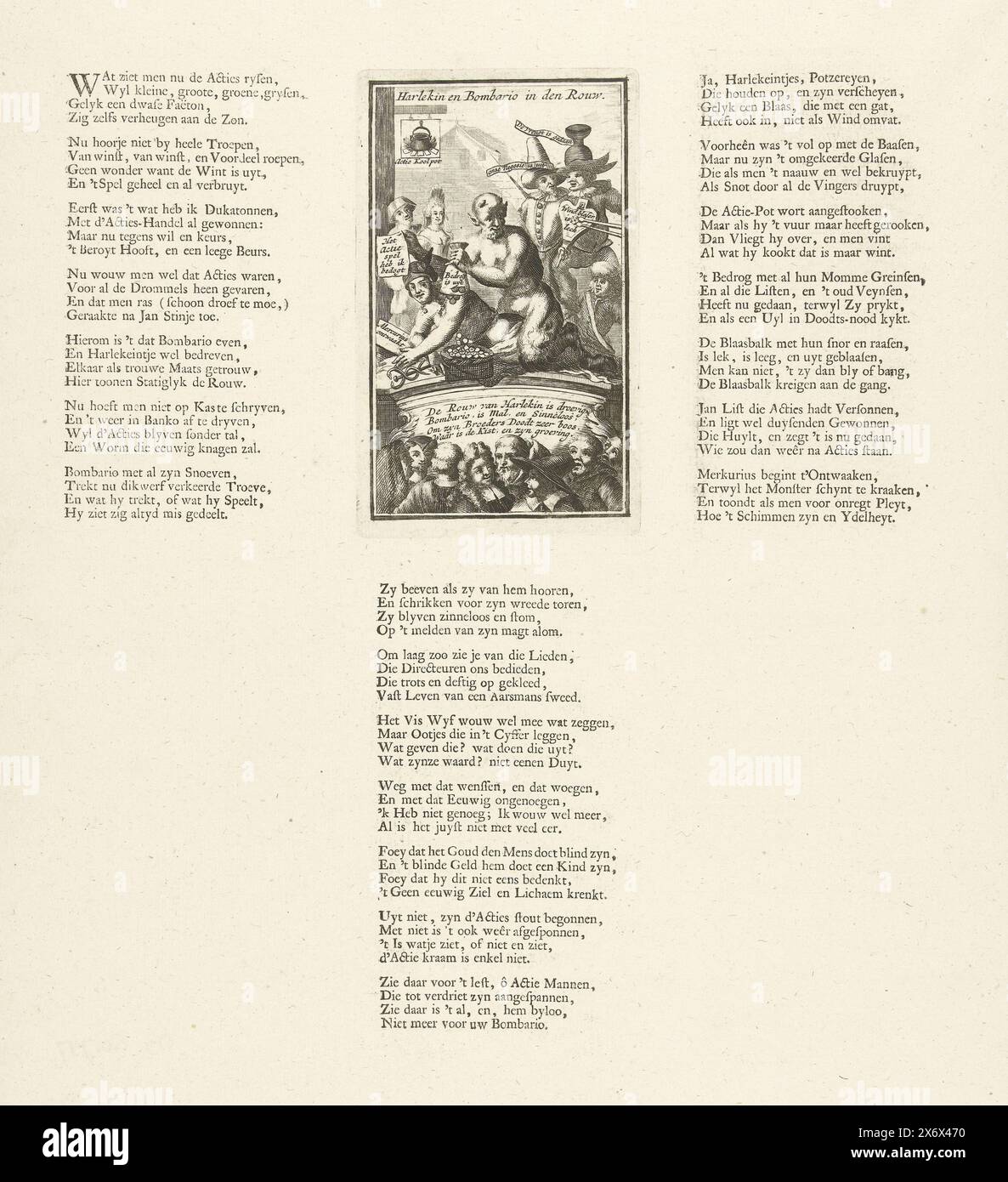 Mercury si risveglia nel 1720, Harlekin e Bombario in den Lurning (titolo sull'oggetto), The Great Scene of Foolishness (titolo della serie), Mercury si risveglia giacendo a terra, un diavolo con una borsa dei soldi si siede sulla schiena. Varie persone nelle vicinanze in primo piano e sullo sfondo. Sulla sinistra, segui le indicazioni per la locanda: Action Koolpot. Nello spettacolo un verso di quattro righe e diverse iscrizioni in olandese. Stampato su un foglio più grande, composto da 3 versi, ciascuno con 7 strofe di 4 righe. Stampa 50 nella serie Het Groote Tafereel der Foolheid con cartoni animati sul Windhandel o Actiehandel del 1720., stampa, stampa Foto Stock