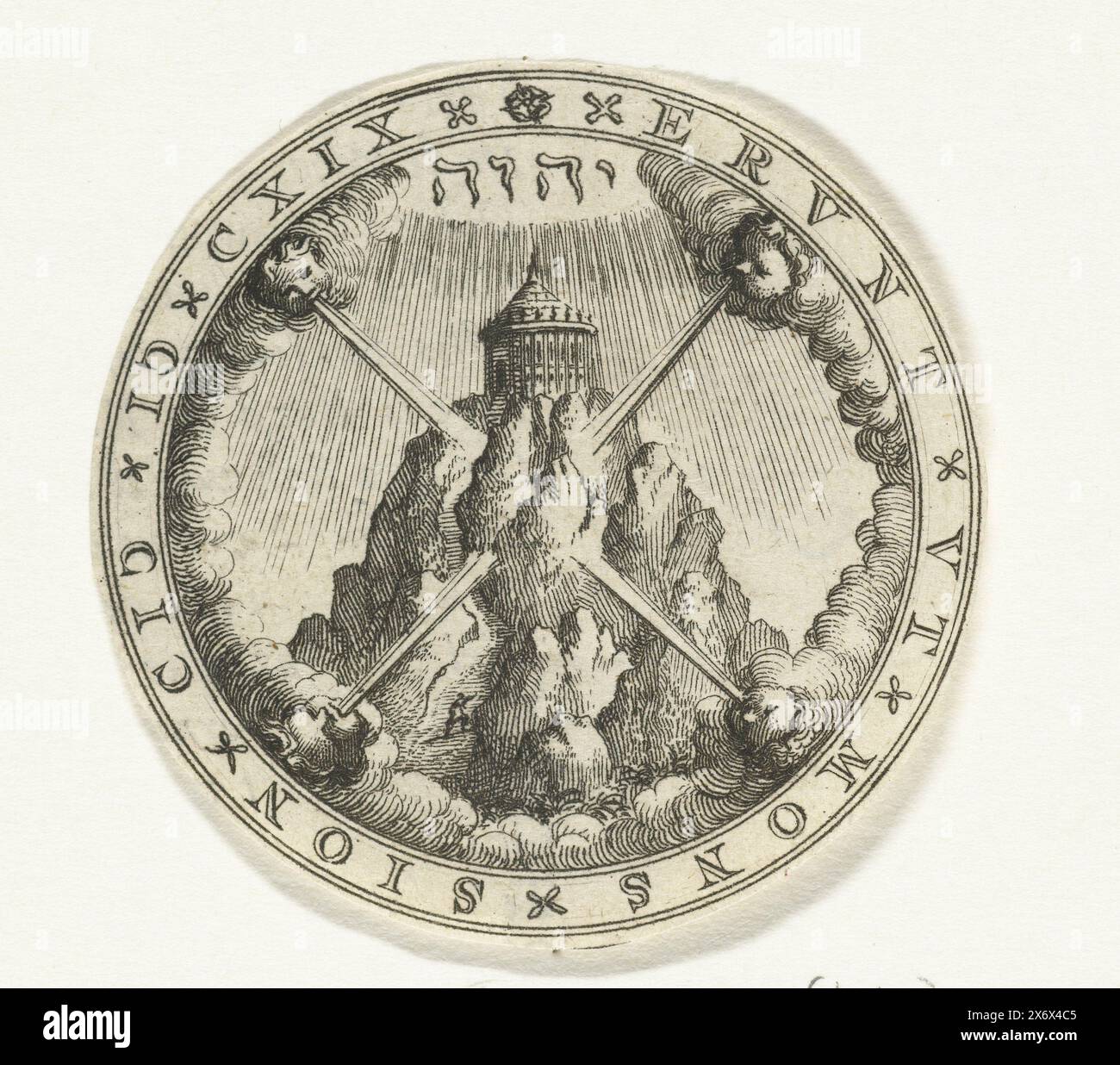 Rovescio di una medaglia del 1619 con l'apertura del sinodo di Dordrecht nel 1618. Rovescio di una medaglia d'argento del 1619 del sinodo nazionale a Dordrecht il 13 novembre 1618 con un'immagine di un santuario su una cima di una montagna, che viene scalata da persone all'interno di un'iscrizione. In cielo il tetragramma, con quattro teste di vento. Con scritta Edge in latino. Stampato sul retro con testo in olandese., stampa, stampatore: Anonimo, su disegno di: Willem van Bylaer, dopo stampa di: Francesco Schillemans, Paesi Bassi del Nord, 1650 - 1799, carta, incisione, diametro, 55 mm Foto Stock