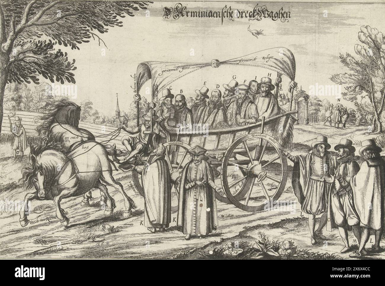 D'Arminiaensche dreckwaghen (titolo sull'oggetto), D'Arminiaensche dreckwaghen. Cartone animato sugli Arminiani del 1618. La scena mostra come i più importanti rappresentanti dei dimostranti e di alcuni altri riformatori vengono portati via in un carro. Il carro è trainato da due cavalli selvaggi chiamati "onenichheyt" che vogliono andare in direzioni diverse. In carrozza ci sono Johannes Wtenbogaert (sulla scatola), Jacobus Arminio, Petrus Bertius, Conradus Vorstius, Jacobus Taurinus, David Joris, Adolphus Venator, Dirck Volkertsz Coornhert e l'apostasia Weder-baptist. Due gesuiti sono di fronte Foto Stock