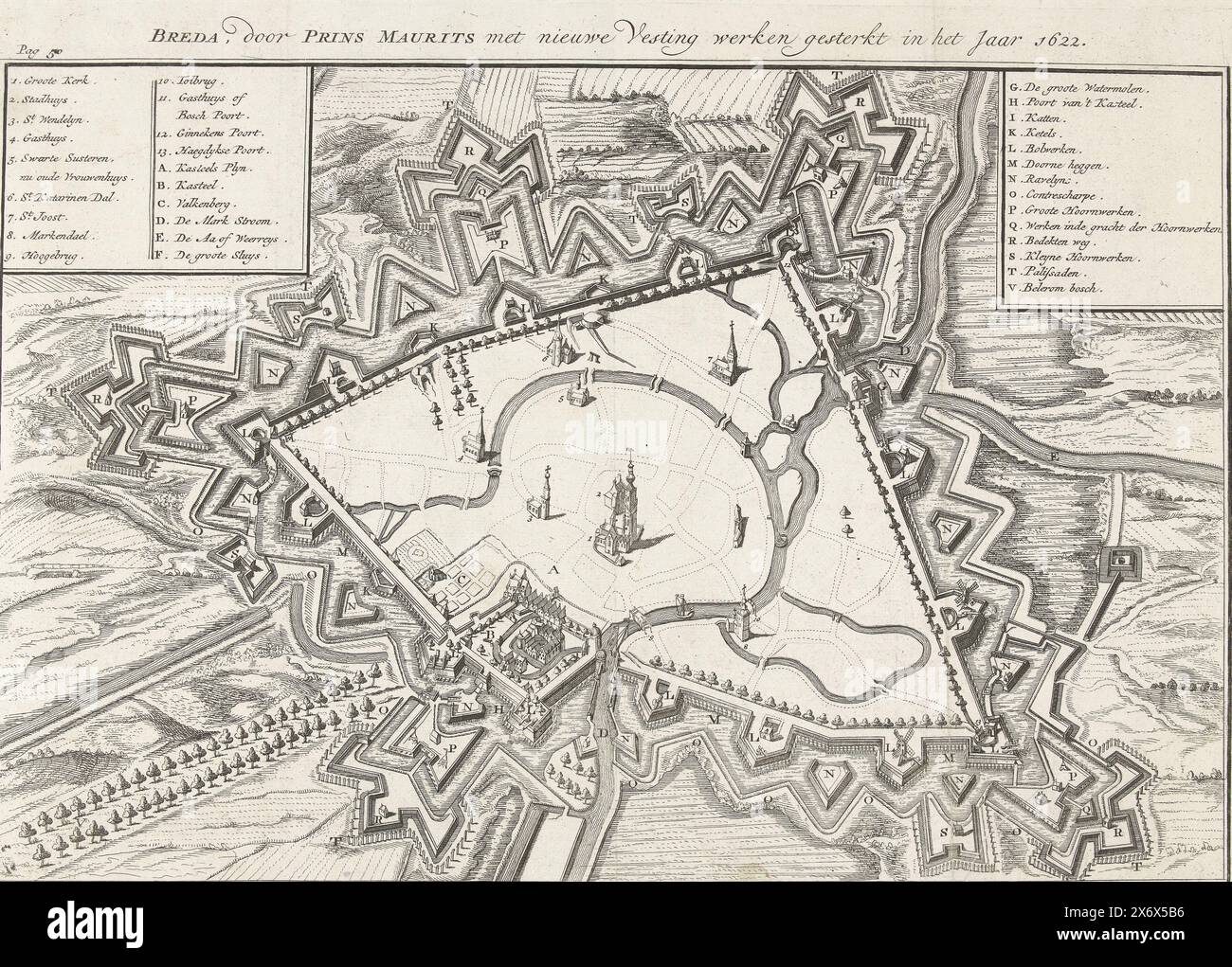 Fortificazioni intorno a Breda costruite da Maurizio nel 1622, Breda, rafforzate dal principe Maurizio con nuove opere fortificate nell'anno 1622 (titolo sull'oggetto), Mappa della città di Breda che mostra le fortificazioni costruite nel 1622 per ordine di Maurizio. In alto a sinistra e in alto a destra due cartigli con le leggende 1-13 e A-F e G-V., stampa, stampatore: B.F. Immink, (menzionato sull'oggetto), Paesi Bassi del Nord, 1743, carta, incisione, altezza, 308 mm x larghezza, 390 mm Foto Stock