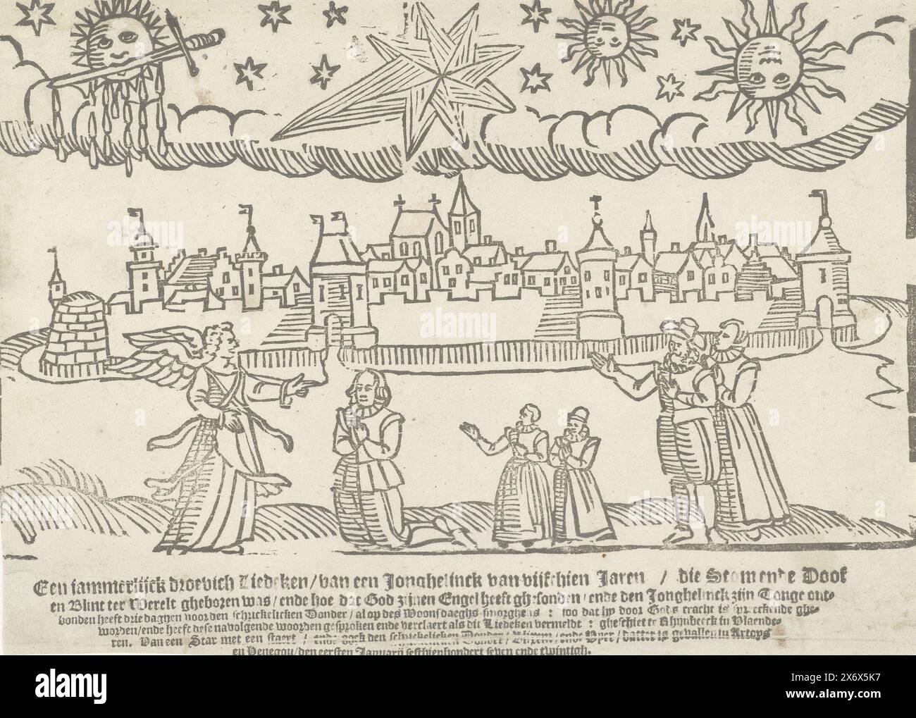 TAILED Star e la miracolosa guarigione di un ragazzo sordo-cieco, 1627 anni, Una triste canzone di un Jonghelinck di quindici anni, che è nato muto, sordo e cieco nel mondo (...) di una Stella con una stella, e anche il spaventoso Donder (...) (titolo sull'oggetto), la guarigione miracolosa di un ragazzo sordo e cieco che non poteva parlare, a Rhijnbeeck nelle Fiandre, che ha riacquistato la sua capacità di parlare tre giorni prima del terribile temporale del 1° gennaio 1627 ad Artois e Hainaut. Il giovane inginocchiato davanti ad un angelo con una mano tesa, sulla destra i suoi genitori. Sullo sfondo una città murata con Foto Stock