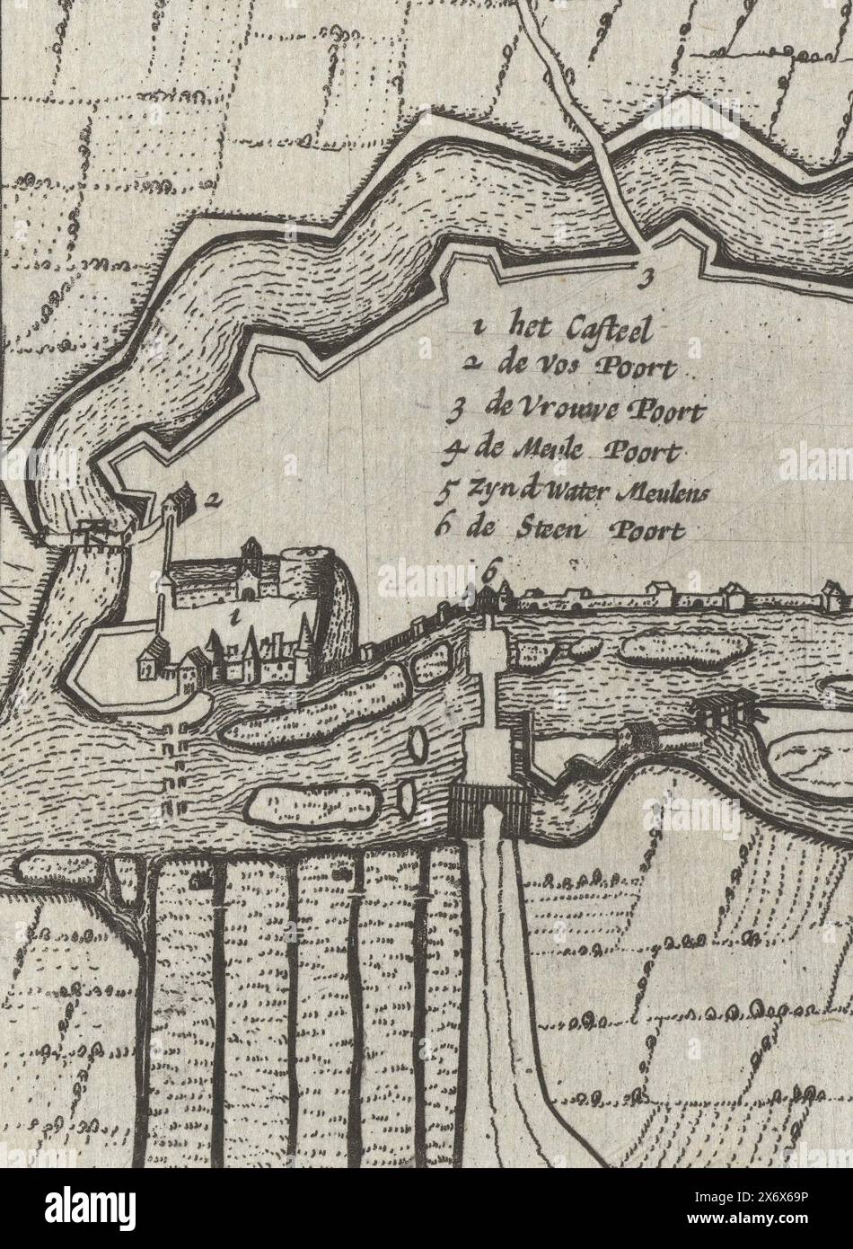 Mappa di Goch, 1631-1632, Goch (titolo sull'oggetto), Mappa di Goch. Parte di un gruppo di mappe di città, forti e dighe del Brabante conquistate dall'esercito olandese sotto Frederik Hendrik negli anni 1631-1632., stampa, tipografo: Anonimo, Paesi Bassi del Nord, 1632 - 1649, carta, incisione, altezza, 120 mm x larghezza, 106 mm Foto Stock