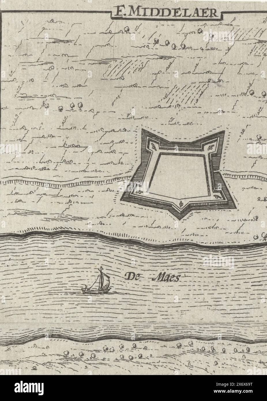 Mappa di Fort Middelaer, 1631-1632, F. Middelaer (titolo sull'oggetto), Mappa di Fort Middelaer. Parte di un gruppo di mappe di città, forti e dighe del Brabante conquistate dall'esercito olandese sotto Frederik Hendrik negli anni 1631-1632., stampa, tipografo: Anonimo, Paesi Bassi del Nord, 1632 - 1649, carta, incisione, altezza, 118 mm x larghezza, 106 mm Foto Stock