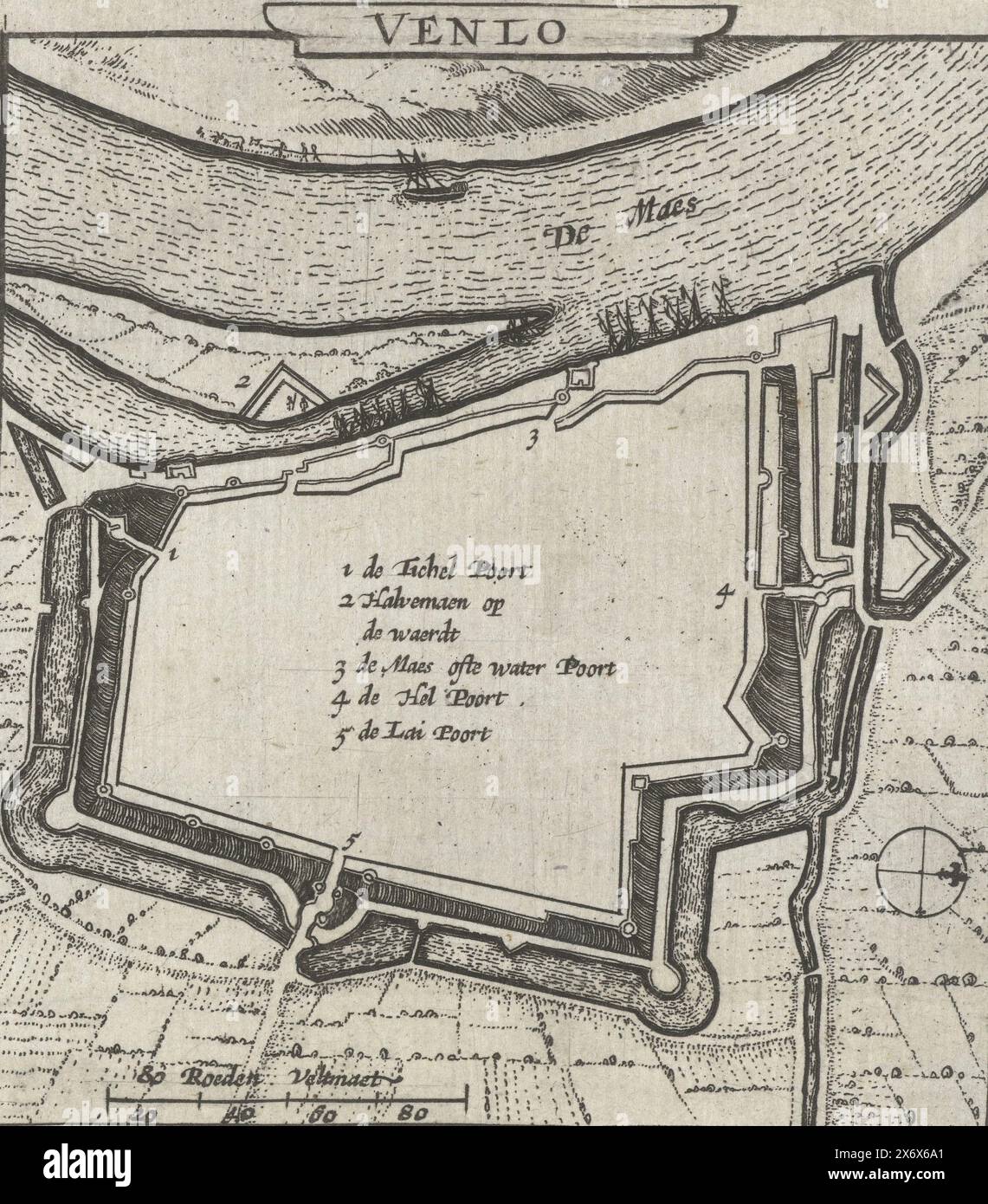 Mappa di Venlo, 1631-1632, Venlo (titolo sull'oggetto), Mappa di Venlo. Parte di un gruppo di mappe di città, forti e dighe del Brabante conquistate dall'esercito olandese sotto Frederik Hendrik negli anni 1631-1632., stampa, tipografo: Anonimo, Paesi Bassi del Nord, 1632 - 1649, carta, incisione, altezza, 119 mm x larghezza, 105 mm Foto Stock