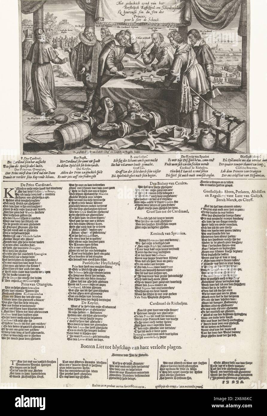 Fine del gioco per Schenckenschans, 1635-1636, il lieto fine del gioco Royal Raffling per Schenckenschants, le heureusse fin du Jeu des Princes pour le Fort de Schenck (titolo sull'oggetto), Cartoon sulla battaglia per Schenckenschans negli anni 1635-1636 1636. La fine del gioco per la rampa. Frederik Hendrik e il cardinale Infante Ferdinand giocano i dadi a un tavolo intorno al forte. Lo stadtholder lancia il lancio vincente. Il cardinale Infanta gratta la testa, il conte Giovanni di Nassau guarda le pietre attraverso un binocolo. Il Papa, il Vescovo di Colonia, il Re di Spagna e l'Imperatore Foto Stock