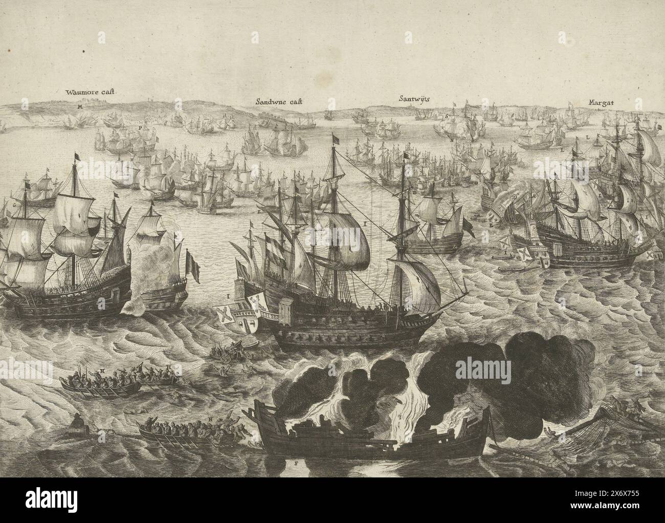 La battaglia navale di Duins del 1639, la battaglia navale di Duins tra la flotta spagnola comandata da Antonio de Oquendo e la flotta olandese comandata da Maarten Harpertsz. Tromp, 21 ottobre 1639. In primo piano una nave in fiamme e scivoli con membri dell'equipaggio, sulla destra le navi spagnole catturate. Sullo sfondo la costa inglese tra Walmer e Margate. Senza titolo o didascalia., stampa, stampatore: Anonimo, dopo la stampa di: Salomon Savery, Paesi Bassi settentrionali, 1640 - 1674, carta, incisione, altezza, 415 mm x larghezza, 526 mm Foto Stock