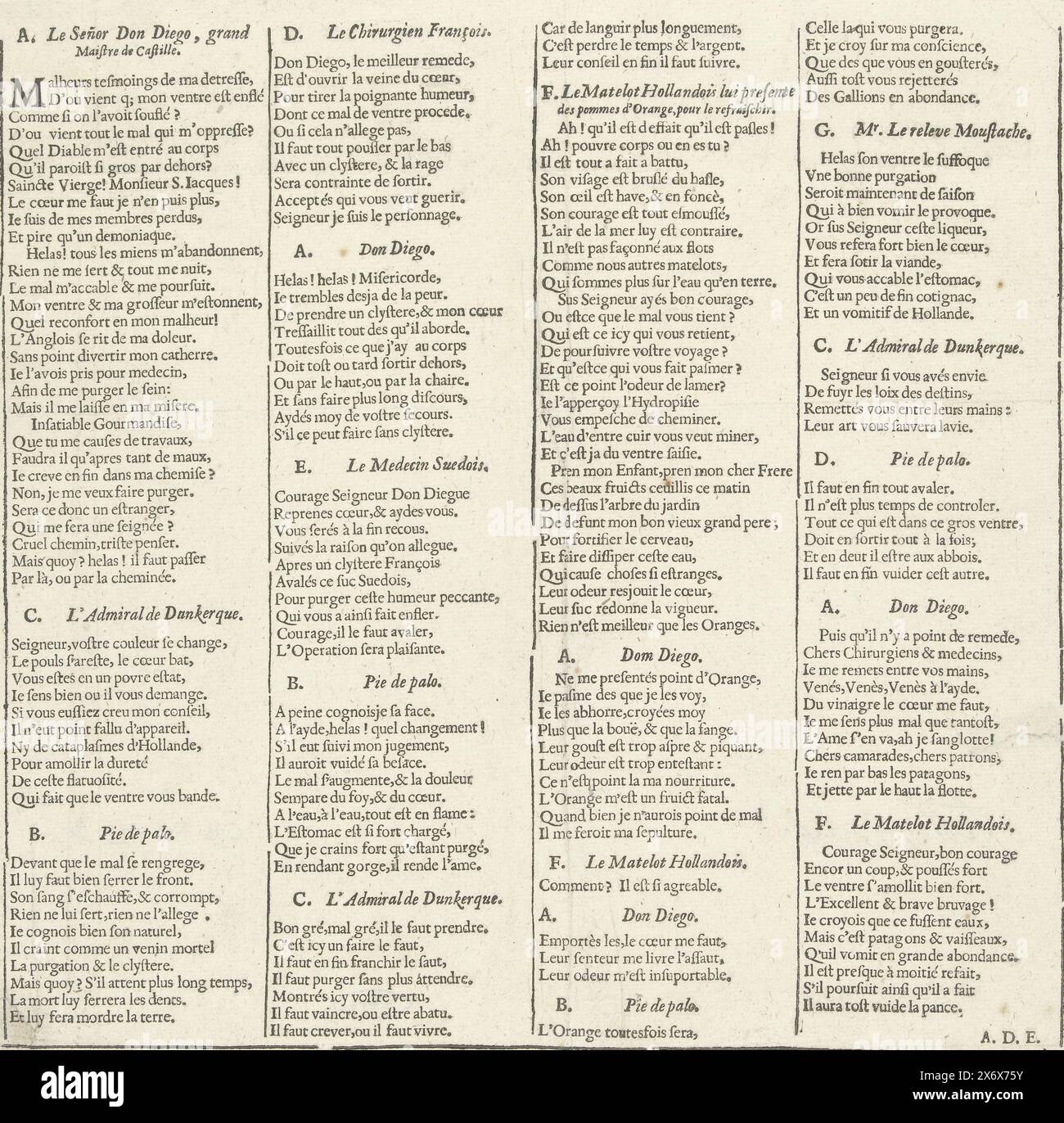 Foglio di testo a Den Grooten Barbiers Winckel, cartone animato sugli spagnoli dopo la sconfitta nella battaglia navale di Duins, ca. 1639, foglio di testo a Den Grooten Barbiers Winckel, un cartone animato sugli spagnoli dopo la sconfitta nella battaglia navale di Duins, 21 ottobre 1639. Tra le persone nella performance, in 4 colonne in francese., foglio di testo, Monogrammist ADE, 1639 - 1640, carta, stampa con carta intestata, altezza, 265 mm x larghezza, 278 mm Foto Stock