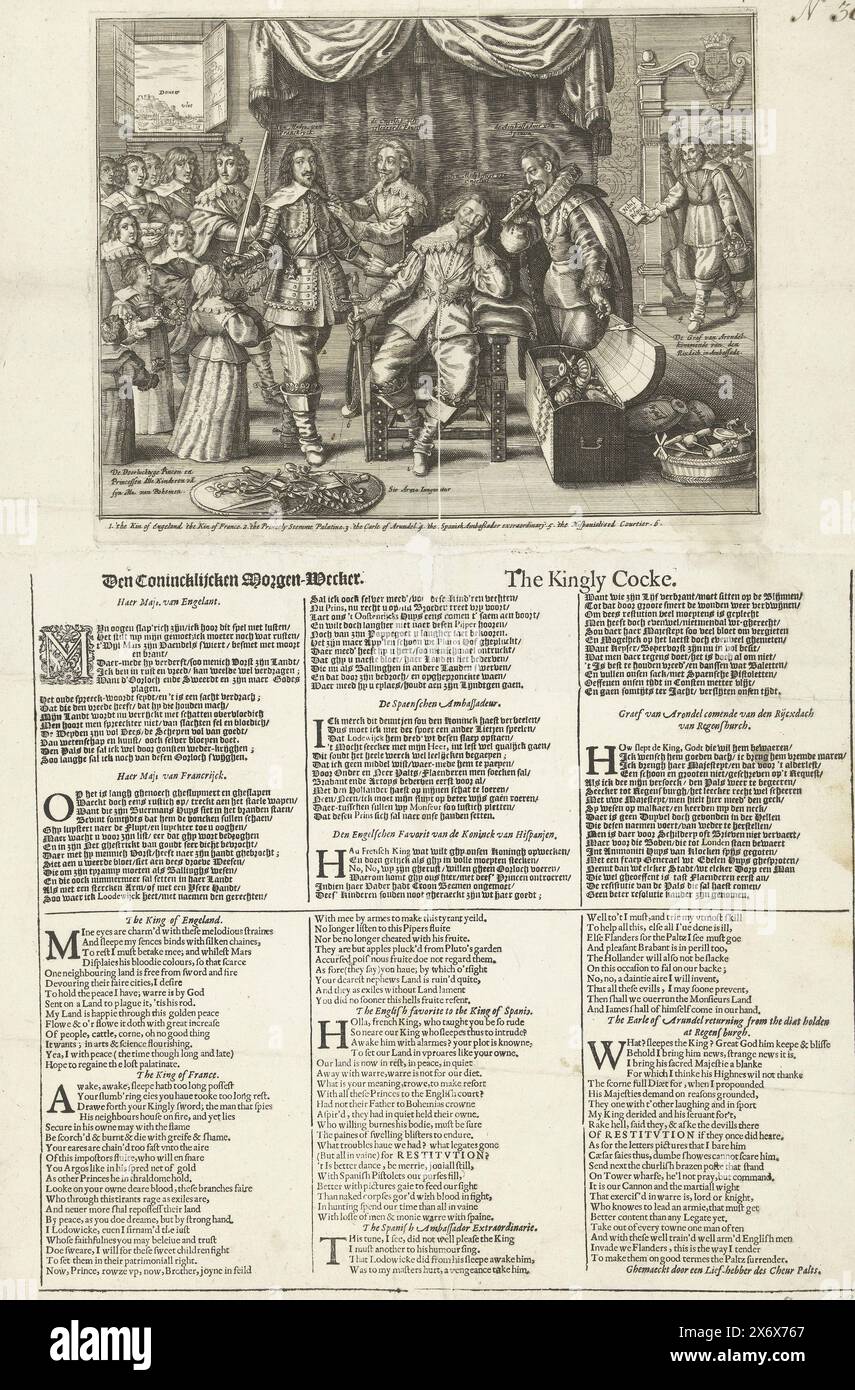Cartoon on the passivity of the English King Charles i, ca. 1636-1641, Den Conincklijcken Morgen-Wecker (titolo sull'oggetto), The Kingly Cocke (titolo sull'oggetto), Cartoon on on the passivity of the English King Charles i, ca. 1636. Il re inglese Carlo i siede addormentato sul suo trono, cullato dal flauto che suona e dai doni dell'ambasciatore spagnolo. A sinistra, il re francese Luigi XIII cerca di risvegliare il re per agire a nome di Carlo Luigi del Palatinato e degli altri figli del re d'inverno. Il cortigiano di mentalità spagnola Lord Cottington cerca di fermare il re francese. Nella Foto Stock