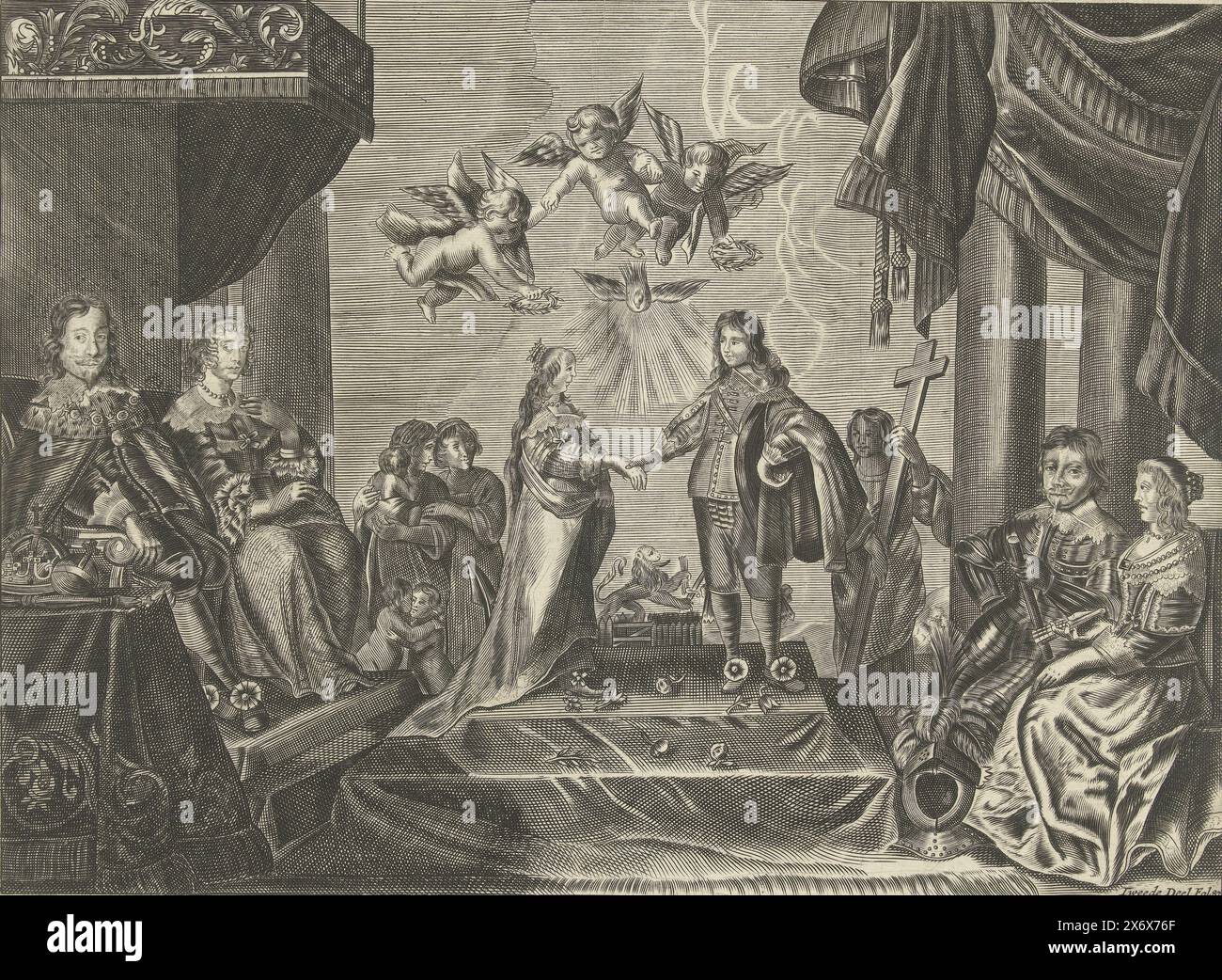 Matrimonio del principe Willem II e Maria Stuart, 1641, matrimonio del principe Willem II e della principessa Maria Stuart, 2 maggio 1641. A sinistra i genitori della sposa: Il re inglese Carlo i e sua moglie Enrichetta Maria. A destra i genitori dello sposo: Frederik Hendrik e Amalia van Solms. Sullo sfondo figure allegoriche di amore e speranza (a sinistra) e fede (a destra) e il Leone olandese nel Giardino olandese. Sopra la coppia la colomba dello Spirito Santo e putti con ghirlande d'alloro. Contrassegnato in basso a destra: Riempimento seconda parte 87., stampa, stampatore: anonimo, dopo stampa da: anonimo Foto Stock