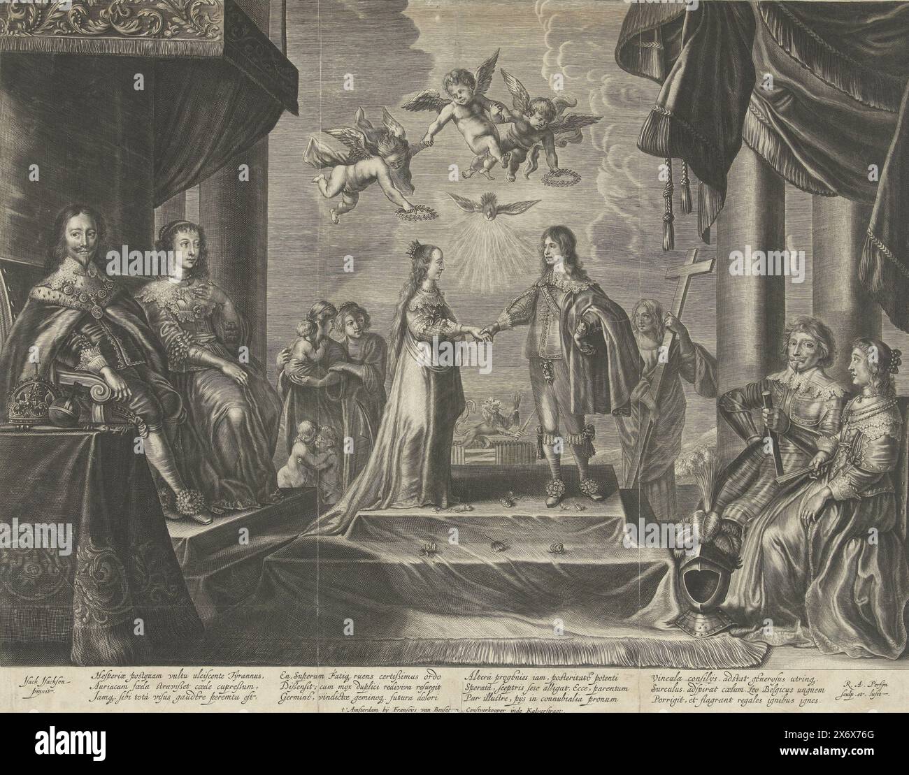 Matrimonio del principe Willem II e Maria Stuart, 1641, matrimonio del principe Willem II e della principessa Maria Stuart, 2 maggio 1641. A sinistra i genitori della sposa: Il re inglese Carlo i e sua moglie Enrichetta Maria. A destra i genitori dello sposo: Frederik Hendrik e Amalia van Solms. Sullo sfondo figure allegoriche di amore e speranza e giustizia e il Leone olandese nel Giardino olandese. Sopra la coppia la colomba dello Spirito Santo e putti con ghirlande d'alloro. Sotto la performance 4 versetti di 4 righe in latino., print, print maker: Reinier van Persijn, (menzionato sull'oggetto Foto Stock