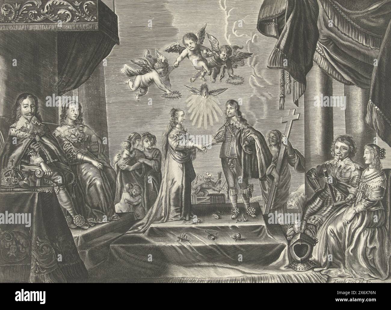 Matrimonio del principe Willem II e Maria Stuart, 1641, matrimonio del principe Willem II e della principessa Maria Stuart, 2 maggio 1641. A sinistra i genitori della sposa: Il re inglese Carlo i e sua moglie Enrichetta Maria. A destra i genitori dello sposo: Frederik Hendrik e Amalia van Solms. Sullo sfondo figure allegoriche di amore e speranza (a sinistra) e fede (a destra) e il Leone olandese nel Giardino olandese. Sopra la coppia la colomba dello Spirito Santo e putti con ghirlande d'alloro. Contrassegnato in basso a destra: Seconda parte: Fol: 87., stampa, stampatore: Anonimo, dopo stampa di: Reinier van Foto Stock