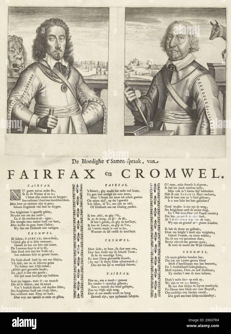 Conversazione tra Fairfax e Cromwell, 1649, De Bloedighe t'Samen-spraak, di Fairfax e Cromwel (titolo sull'oggetto), Foglio con i ritratti di Thomas Fairfax e Oliver Cromwell. Sotto la targa è stampata sulla pagina una conversazione in tre colonne in olandese tra Fairfax e Cromwell sulla situazione in Inghilterra dopo la cattura e decapitazione del re inglese Carlo i a Londra il 30 gennaio 1649. Dietro Fairfax una testa di leone, dietro Cromwell una volpe., stampa, stampatore: Anonimo, stampatore: Crispijn van de Passe (II), (possibilmente), Paesi Bassi del Nord, 1649 - 1650, carta Foto Stock