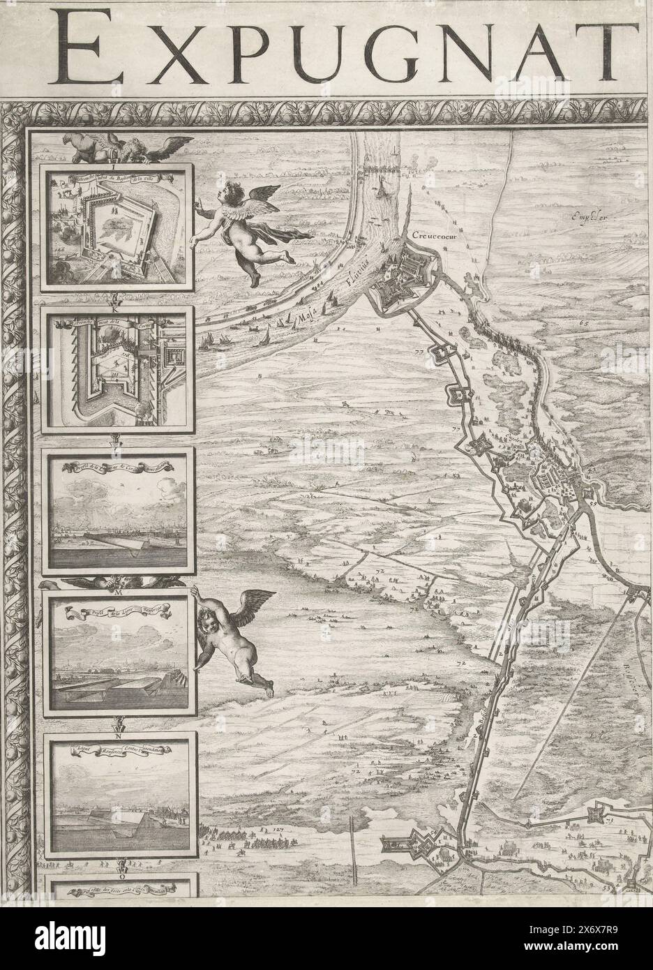 Assedio di Den Bosch nel 1629, grande mappa dell'assedio di Den Bosch da parte di Frederik Hendrik (in alto a sinistra), 1629, Expugnatio Sylvae-Ducis Ao 1629 (titolo sull'oggetto), grande mappa dell'assedio di Den Bosch da parte dell'esercito di Stato al comando di Frederik Hendrik, dal 1 maggio al 17 settembre 1629. Su entrambi i lati della mappa 18 piccole scene con i dettagli delle fortificazioni della città e dei forti circostanti contrassegnati i-Z. Mappa composta da sei piastre e due pagine di testo mancanti. Questo è il foglio in alto a sinistra con parte della mappa con Crevecoeur e parte dell'accerchiamento., stampa, stampatore: Salomon Savery, stampatore Foto Stock