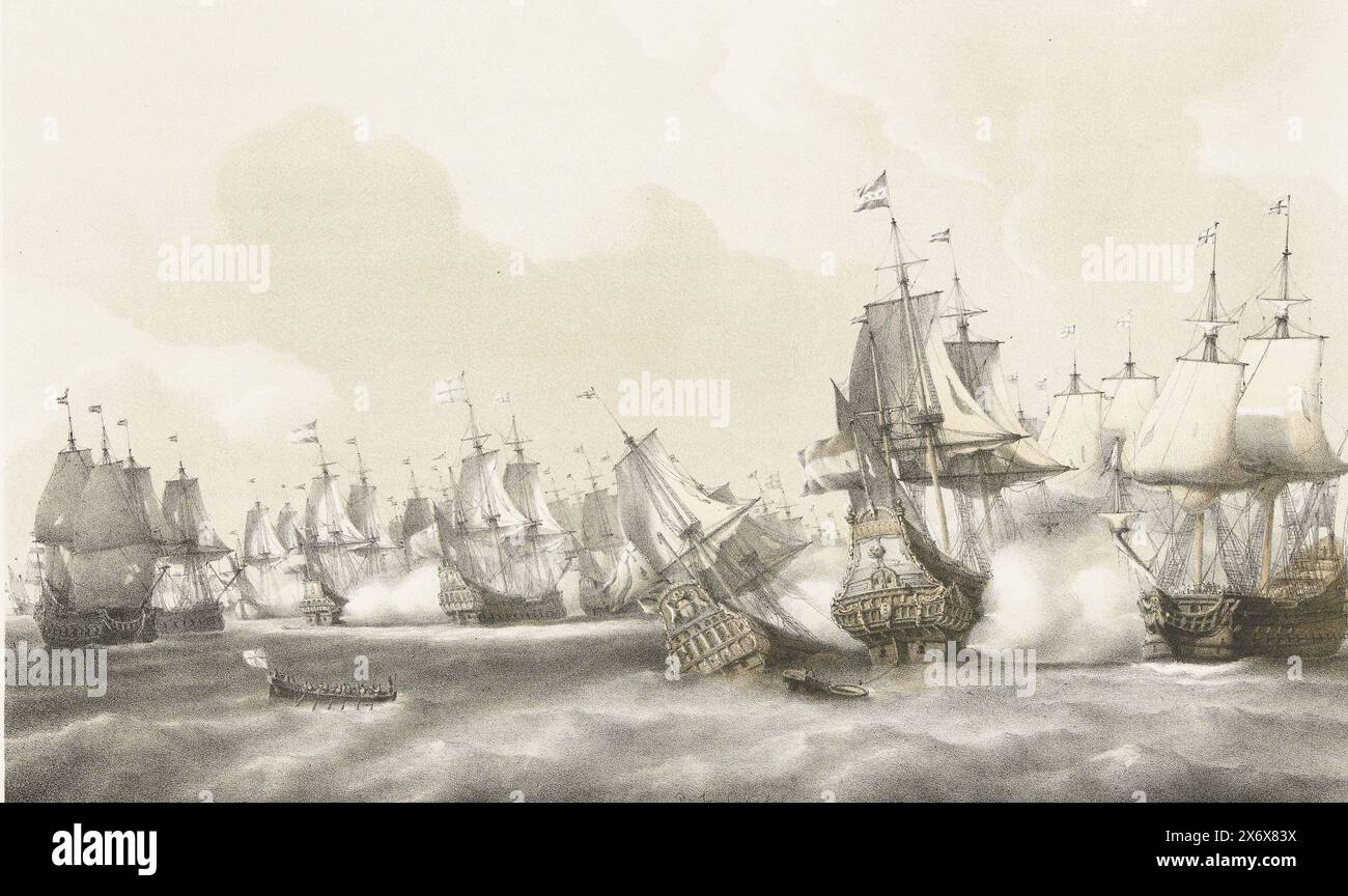 Battaglia navale a Plymouth, 1652, battaglia navale tra le flotte inglese e olandese, 26 agosto 1652, combattimento navale entre la flotte Anglaise et celle des Pays-Bas 26 Aout 1652 (titolo su oggetto), battaglia navale a Plymouth nella prima guerra inglese tra la flotta olandese al comando di Michiel de Ruyter e la flotta inglese al comando di George Ayscue, il 26 agosto 1652. Sulla destra, il capitano frisone Douwe Aukes spara due navi inglesi adiacenti con la sua nave la Ostrich o Vogelstruis., stampatore: Petrus Johannes Schotel, (menzionato sull'oggetto), dopo aver disegnato da: Petrus Johannes Schotel, (menzionato in Foto Stock