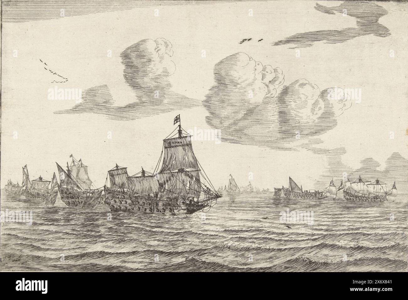 Dopo la battaglia in mare, 1652 (?), New Ship Battalion (titolo della serie), sconfigge e danneggia le navi dopo una battaglia in mare. Forse una rappresentazione della battaglia navale di Dungeness nella prima guerra inglese tra la flotta olandese al comando di Tromp e la flotta inglese al comando di Blake, il 10 dicembre 1652. Reinier Nooms, Paesi Bassi settentrionali, 1652 - 1654, carta, incisione, punto di essiccazione, altezza, 177 mm x larghezza, 263 mm Foto Stock