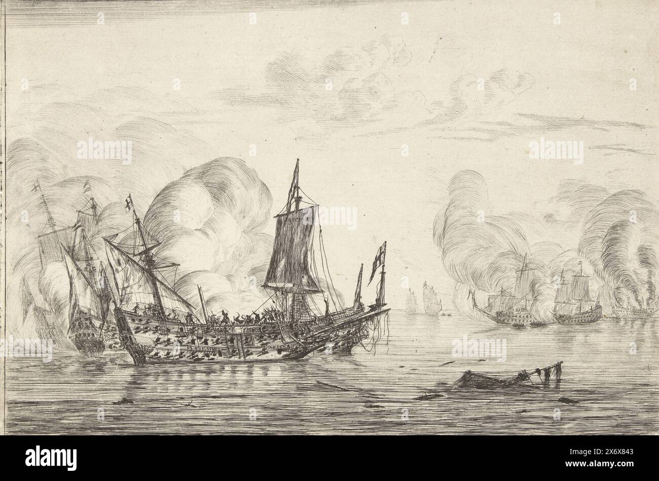 Dopo la battaglia in mare, 1652 (?), New Ship Battalion (titolo della serie), Burning Ships e una battaglia su una nave catturata. Forse una rappresentazione della battaglia navale di Dungeness nella prima guerra inglese tra la flotta olandese al comando di Tromp e la flotta inglese al comando di Blake, il 10 dicembre 1652. Reinier Nooms, Paesi Bassi settentrionali, 1652 - 1654, carta, incisione, punto di essiccazione, altezza, 178 mm x larghezza, 263 mm Foto Stock