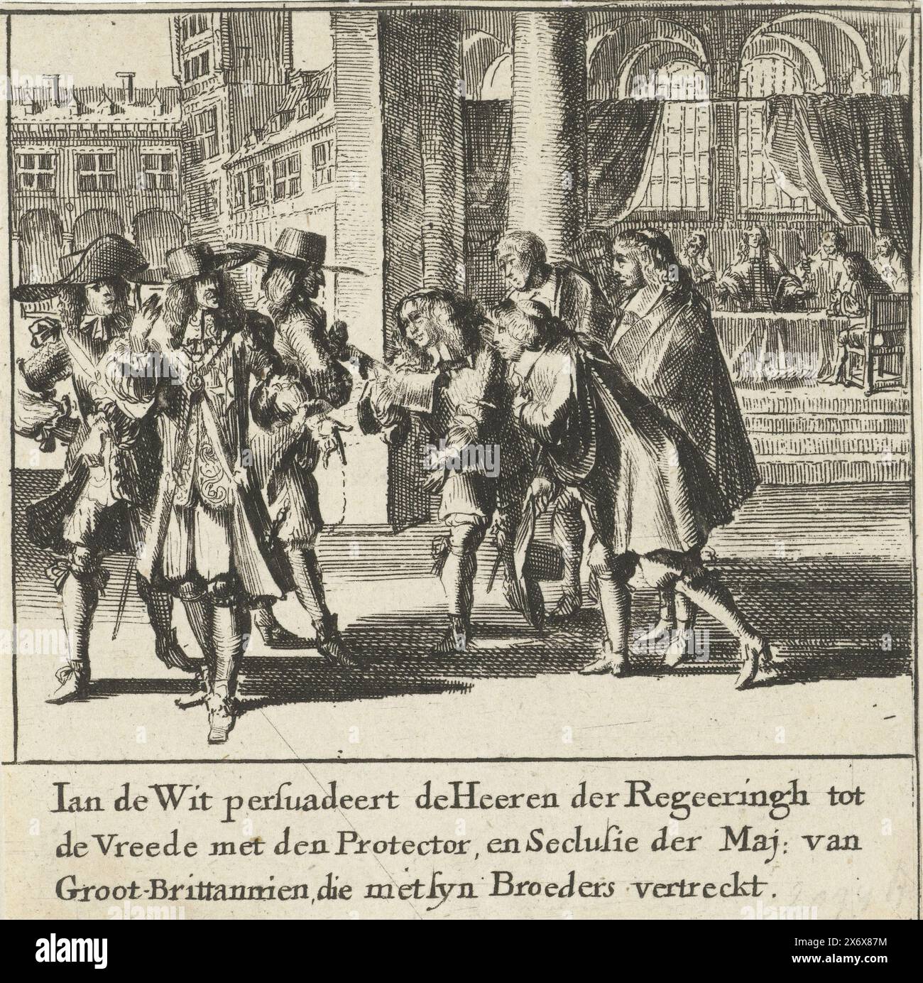 Johan de WIT negozia con gli inglesi sulla pace di Westminster e sull'atto di isolamento del 1654, Jan de WIT persuade i signori del governo a fare la pace con il protettore e l'isolamento del Major di Gran Bretagna, Who con SYN Broeders vertreckt (titolo sull'oggetto), Johan de WIT negozia con gli inglesi sulla pace di Westminster e la clausola segreta con l'atto di isolamento, aprile 1654. In primo piano il re inglese Carlo II lascia con i suoi fratelli, sullo sfondo i negoziati di pace a Westminster. Frammento della grande stampa sui fratelli De Witt Foto Stock
