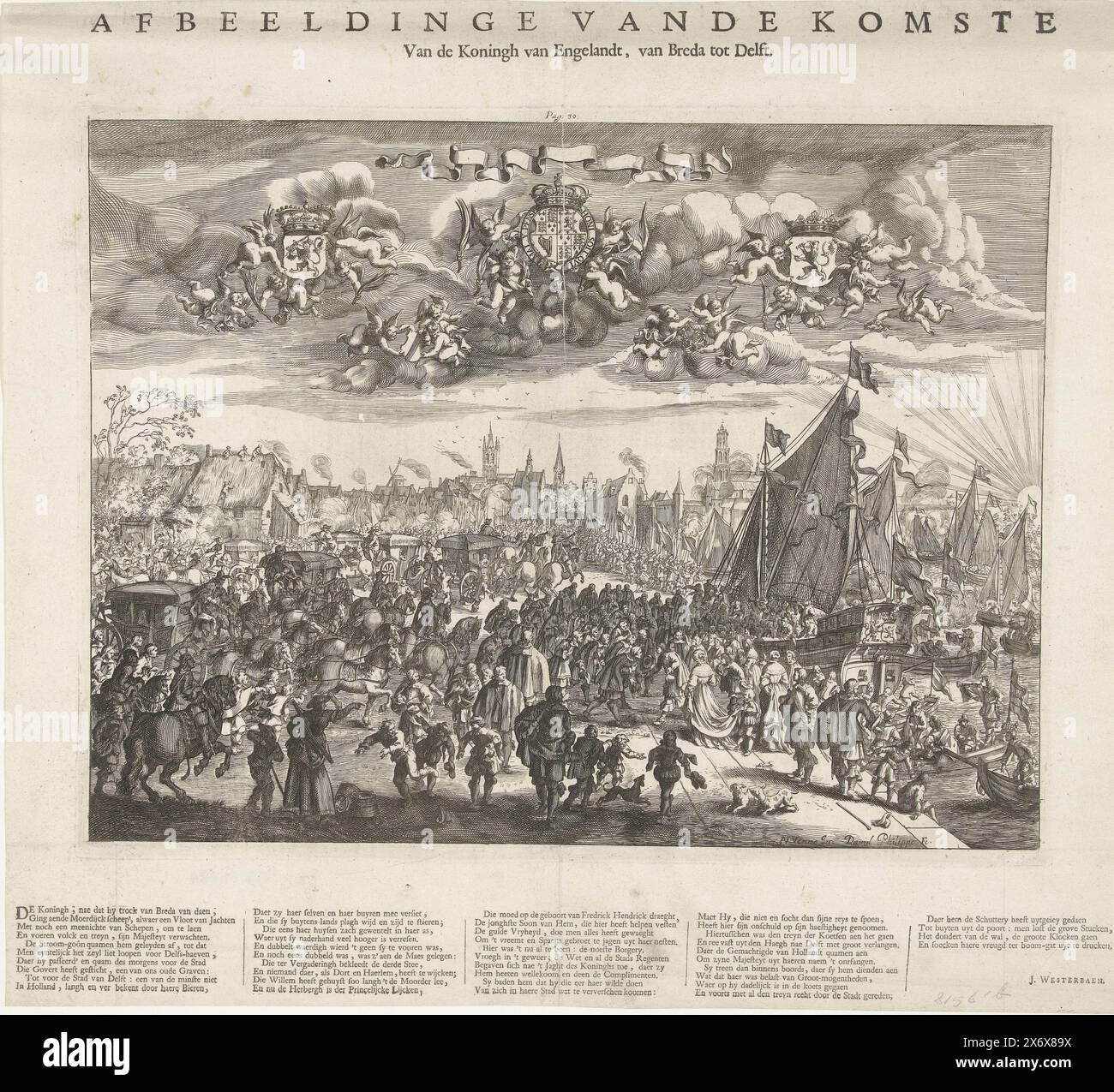 Arrivo del re Carlo II d'Inghilterra a Delft, 1660, raffigurazione della venuta del re d'Inghilterra, da Breda a Delft (titolo sull'oggetto), arrivo del re inglese Carlo II da Breda a Delft, 25 maggio 1660. Episodio durante il suo tour attraverso i Paesi Bassi e la partenza. Un grande gruppo accoglie il re sulla banchina, che è arrivato a Delft in barca. Nel putti aereo con le armi della Repubblica, il re inglese e l'Olanda. Con una banderola senza testo. Contrassegnato in alto: Pagina. 30. Un verso in 5 colonne è stampato sul foglio sotto la piastra., stampa, stampatore: David Foto Stock